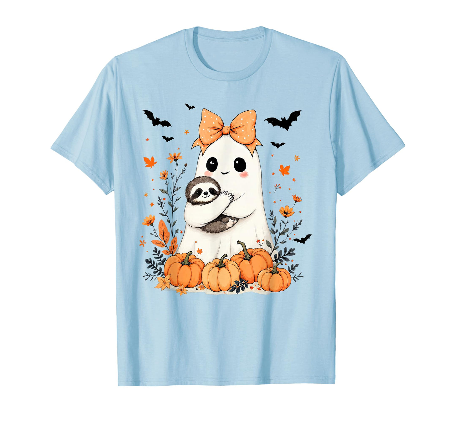 Halloween Ghost Holding Sloth Pumpkin Floral Sloth Lovers T-Shirt