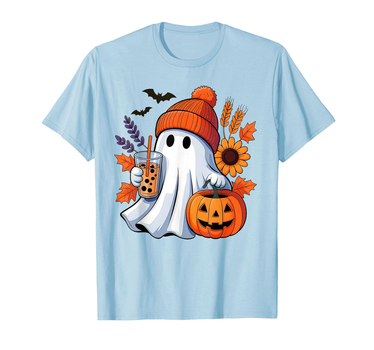 Cute Ghost Drinking Coffee Autumn Pumpkin Halloween Costume T-Shirt