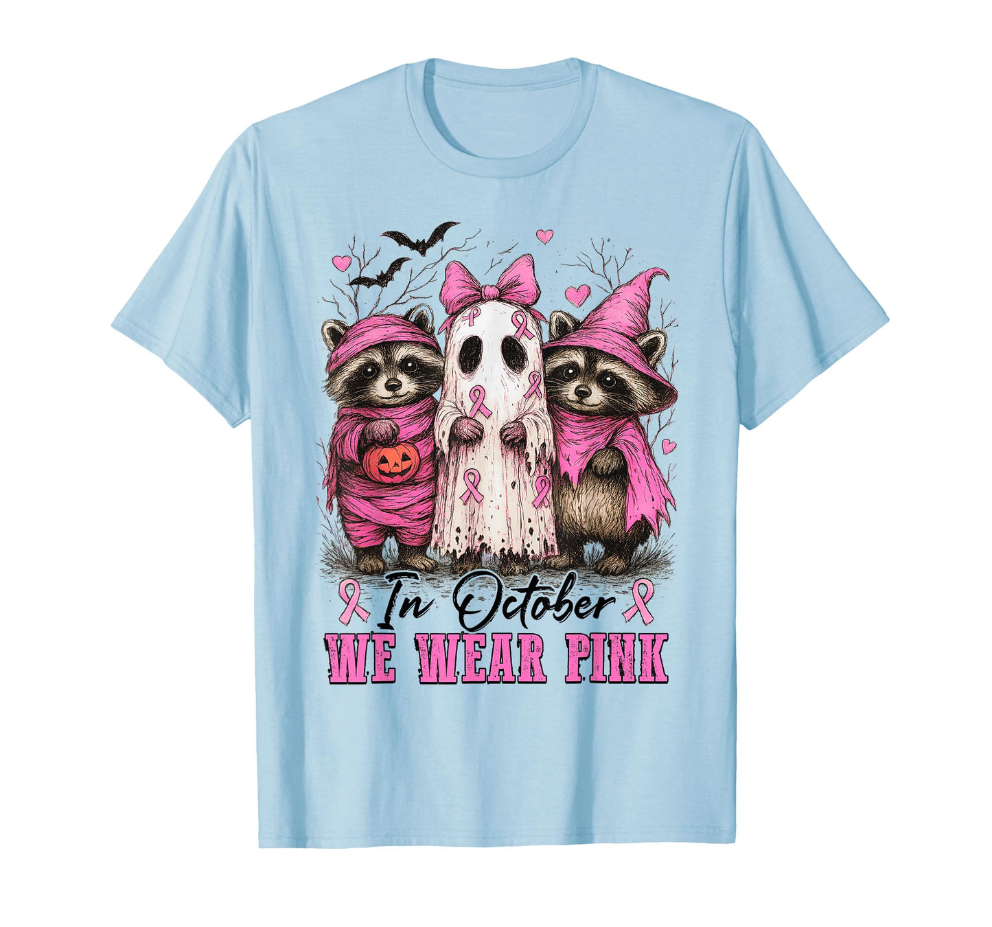 in October We Wear Pink Cute Raccoon Ghost Breast Cancer T-Shirt