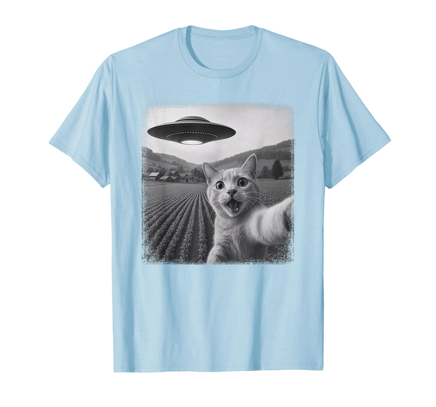 UFO Distressed Orange Tabby Cat Selfie with Invasion Alien T-Shirt