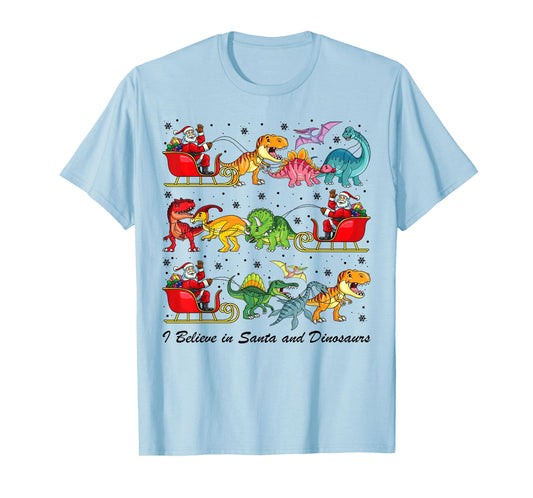 I Believe in Santa and Dinosaur Merry Christmas Boys Kids T-Shirt