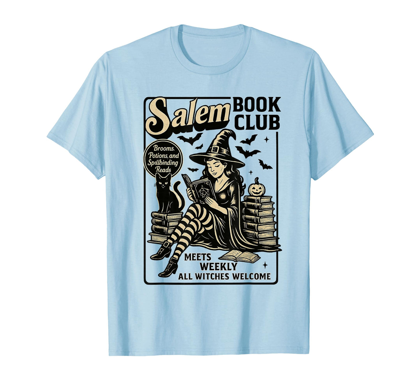 Vintage Salem Book Club Black Cat Bookish Spooky Halloween T-Shirt
