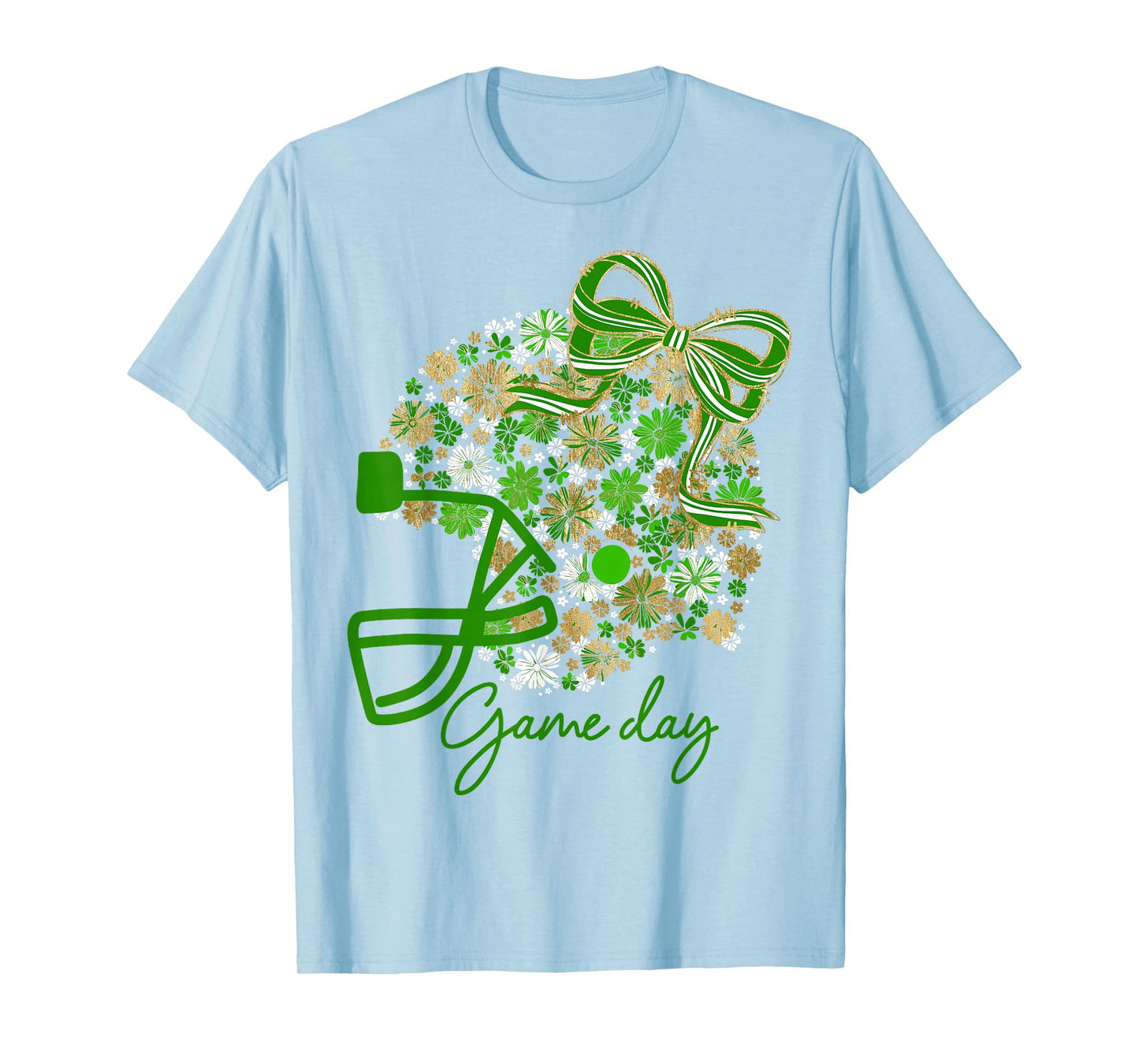 Floral Football Game Day Girly Team Spirit Green Gold White T-Shirt