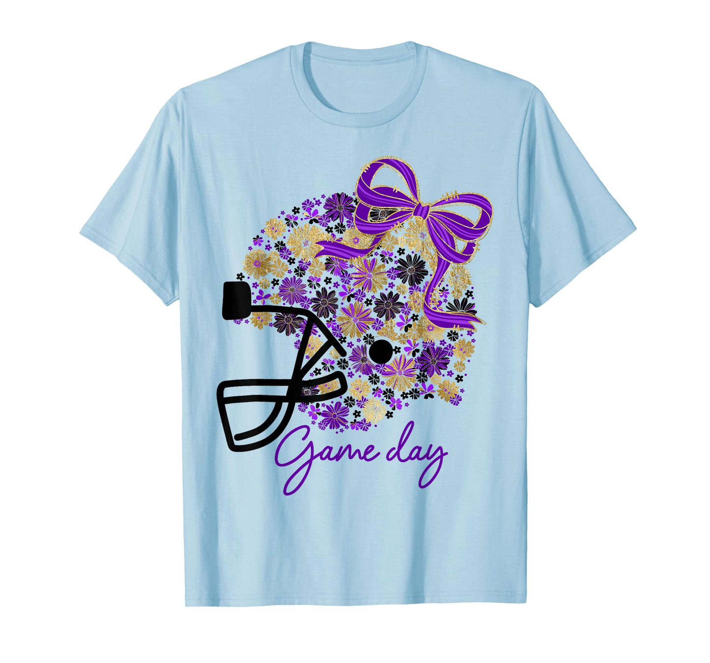 Floral Football Game Day Girly Team Spirit Purple Black Gold T-Shirt
