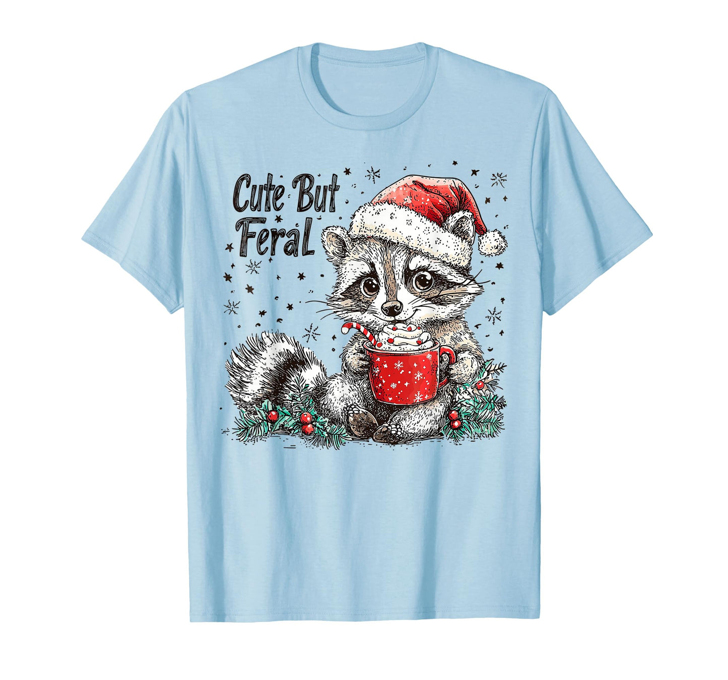 Cute But Feral Raccoon Christmas Hot Cocoa Animal Art T-Shirt