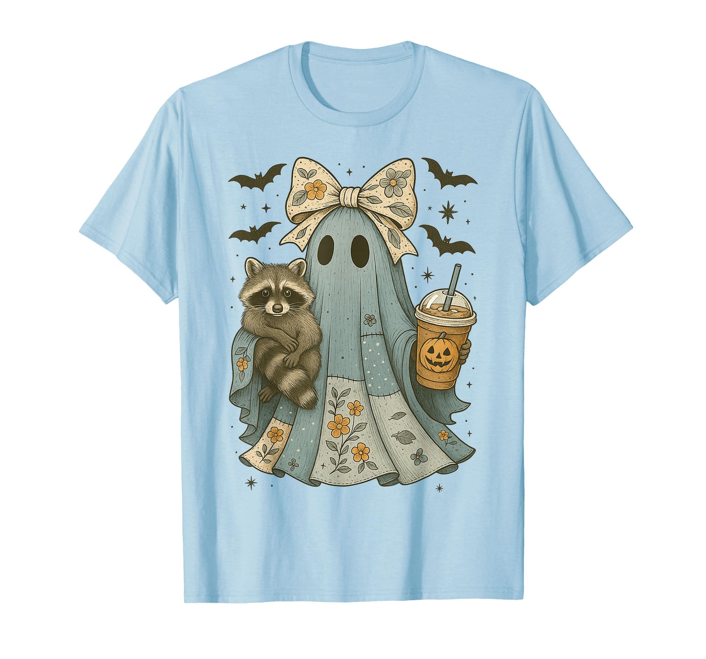 Cute Ghost Raccoon Iced Coffee Retro Funny Floral Halloween T-Shirt