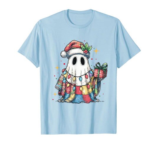 Santa Ghost Spooky Christmas Light Patchwork Matching Family T-Shirt