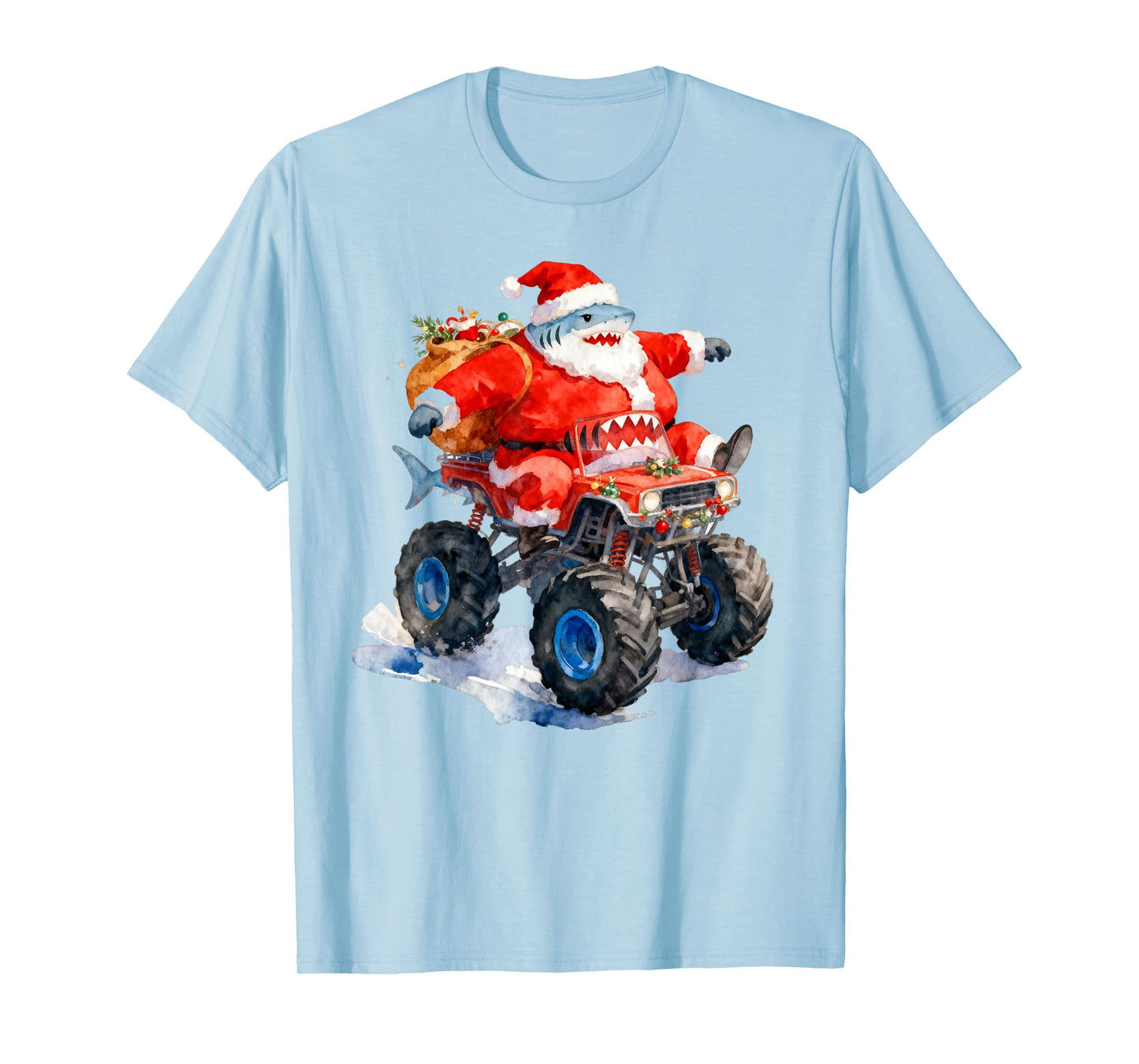 Funny Santa Shark Driving Monster Car Truck Christmas Day T-Shirt