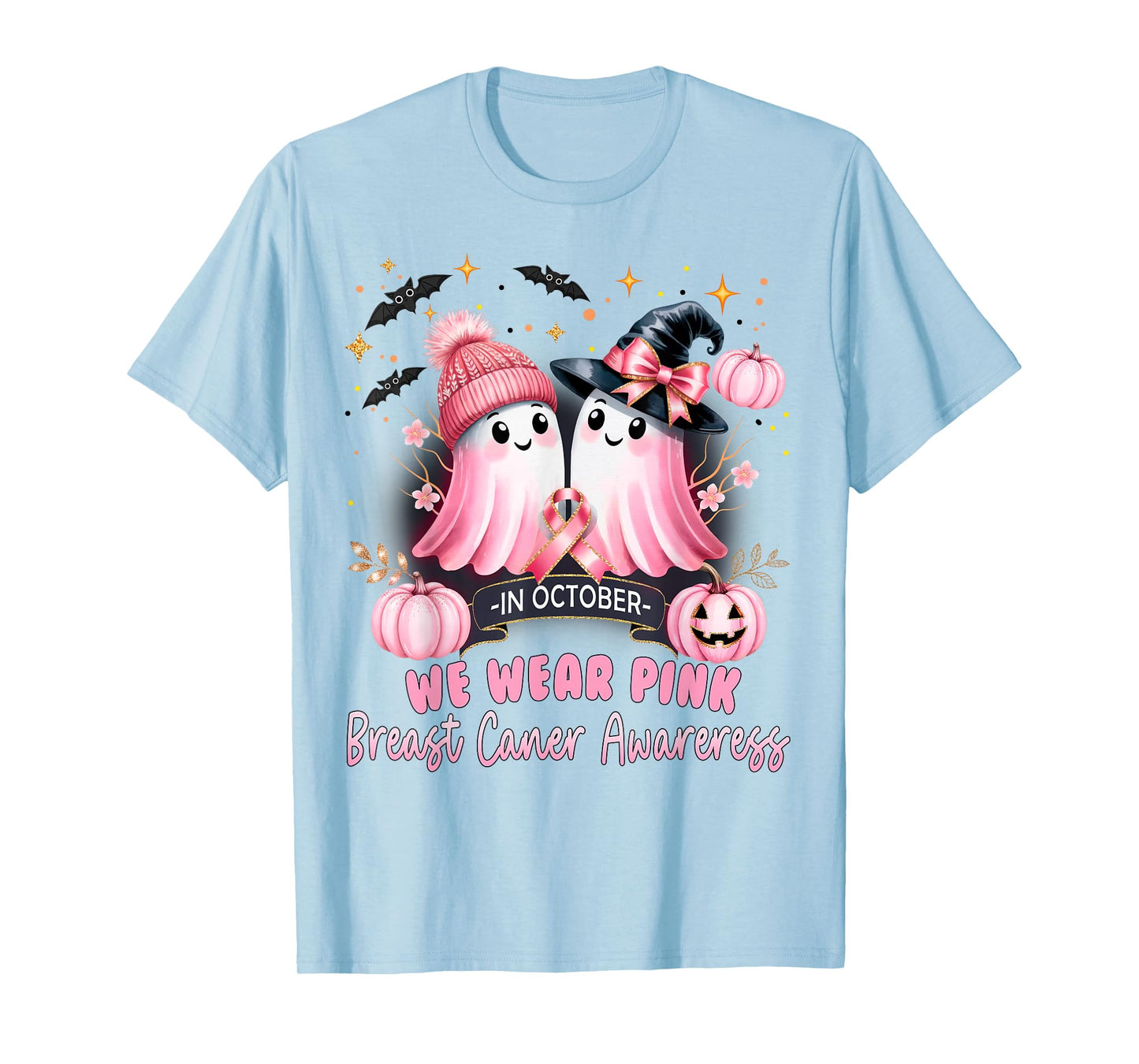 in October We Wear Pink Ghost Witch Breast Cancer Awareness T-Shirt