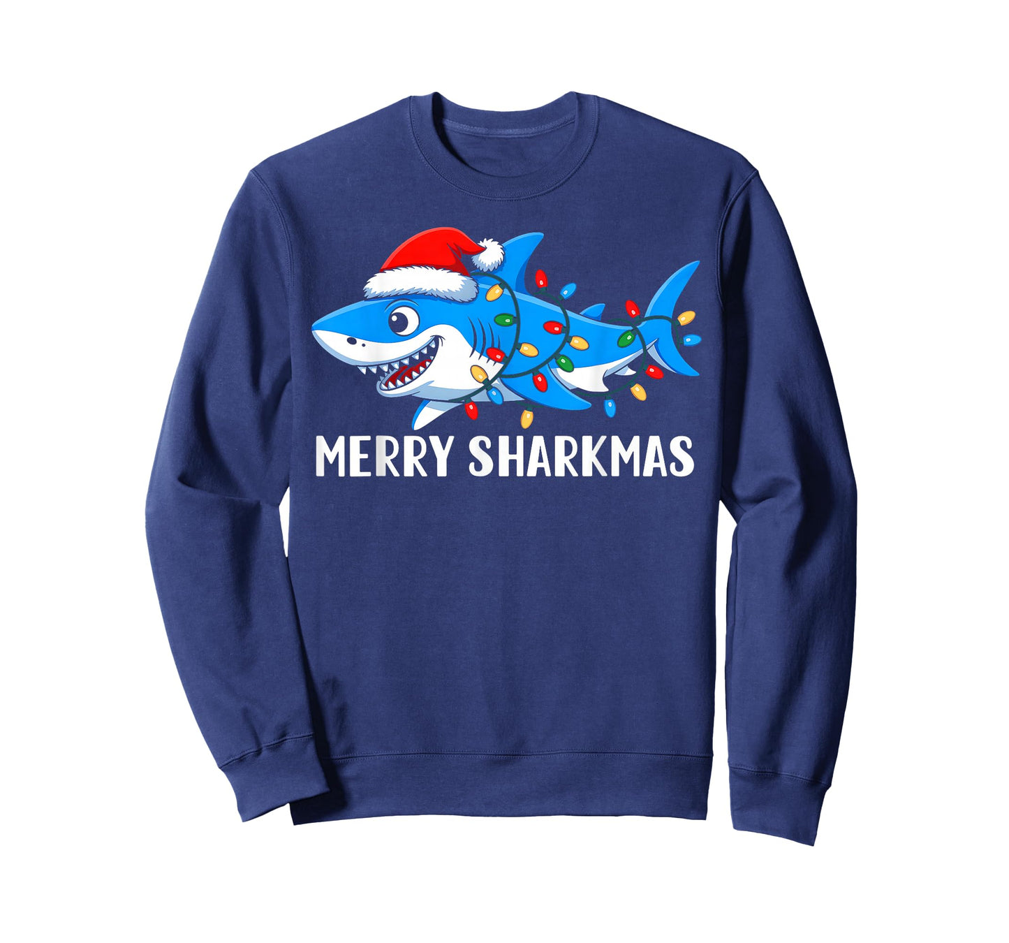Merry Sharkmas Shark Christmas Lights Santa Hat Xmas Pajamas T-Shirt