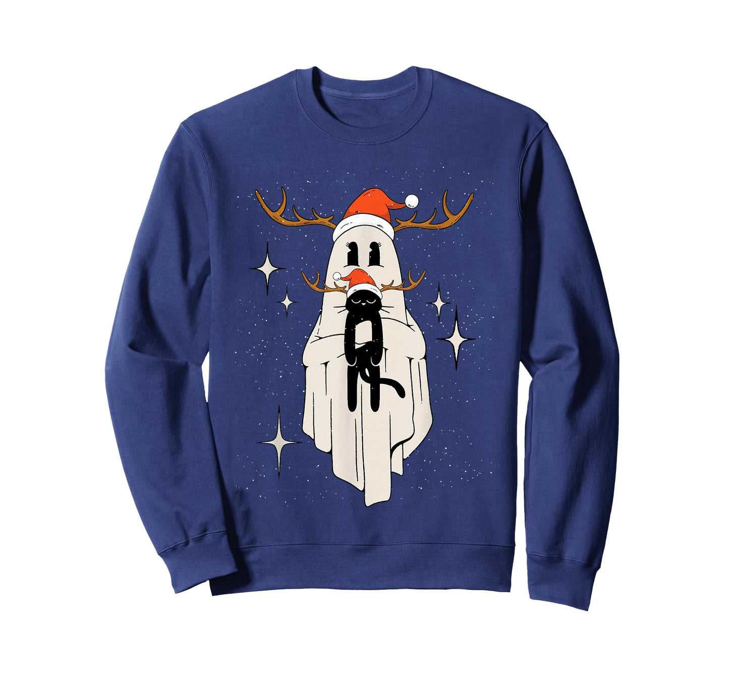 Cute Ghost with Santa Hat holding Black Cat - Kids Women Men T-Shirt