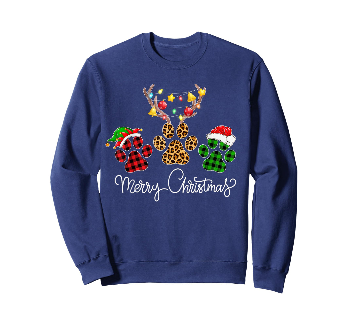 Merry Christmas Dog Paws Lights Buffalo Plaid & Leopard Xmas Men Women Kids T-Shirt