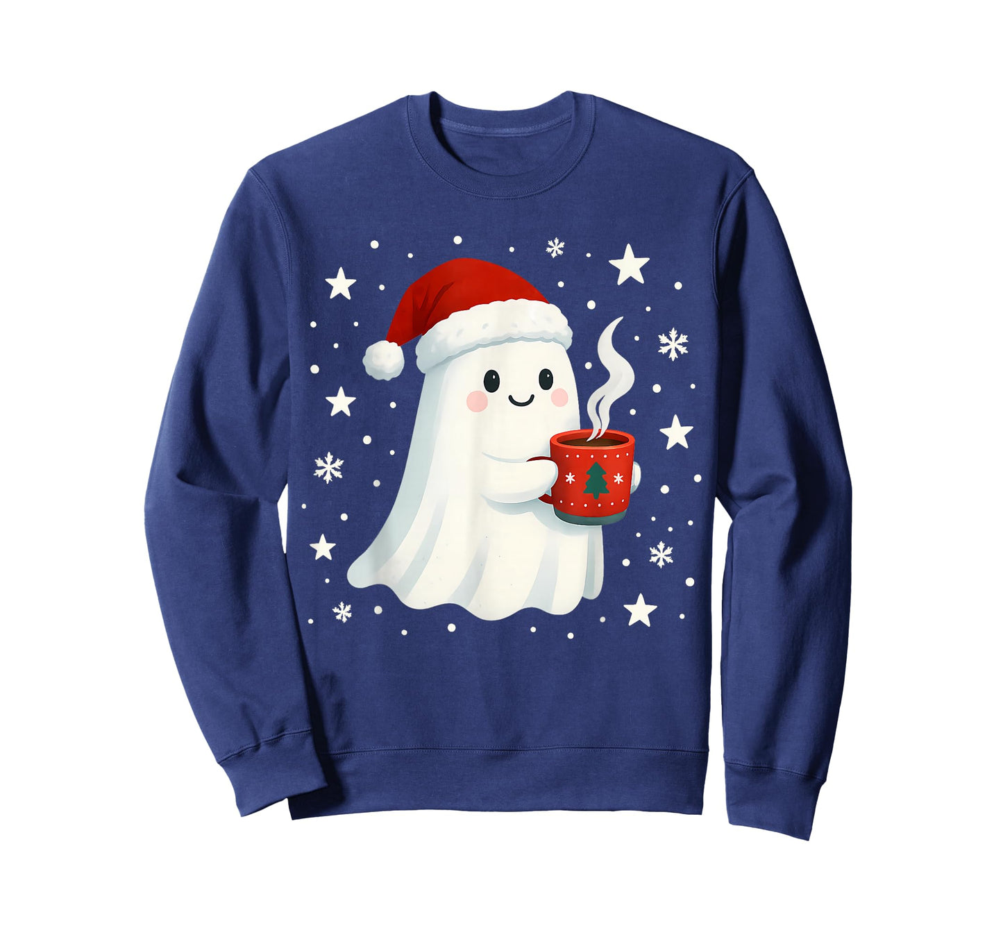 Cute Christmas Ghost Wearing Santa Hat Holding Hot Cocoa Mug T-Shirt
