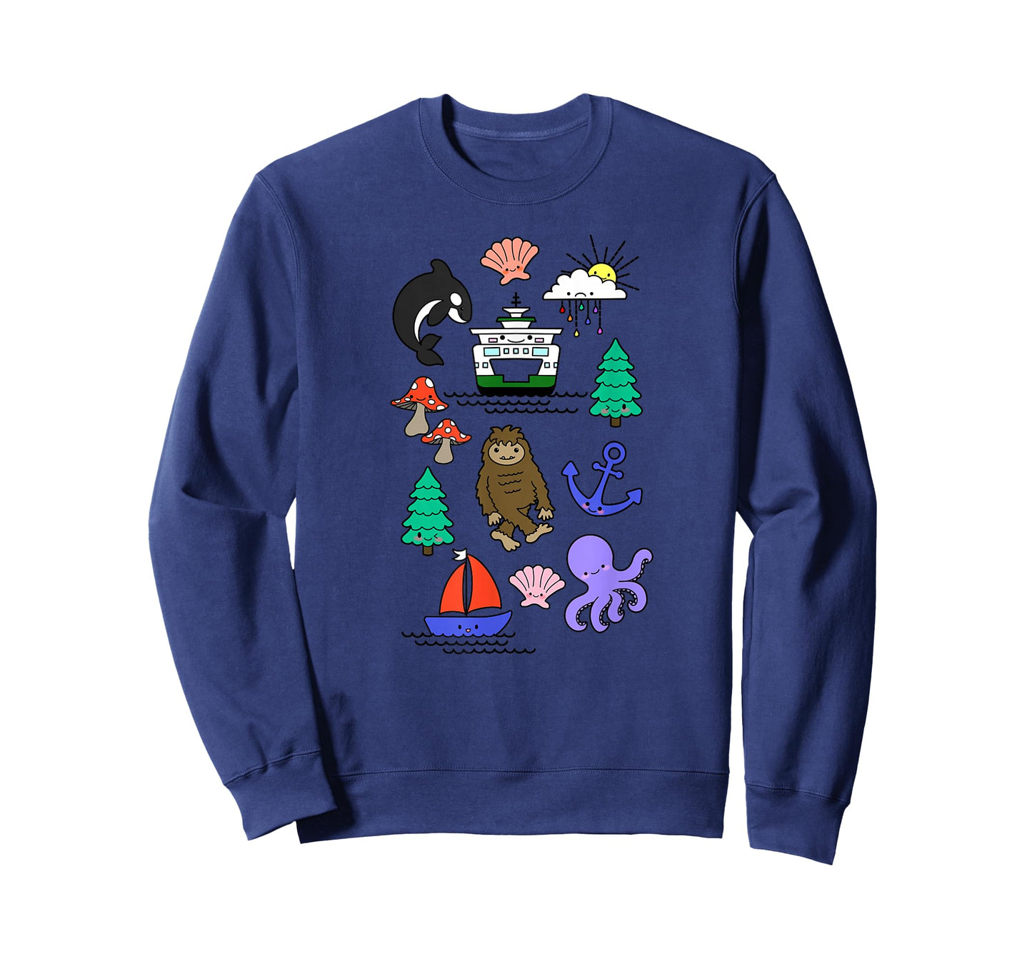 Pacific Northwest Kawaii Sasquatch Ferry Boat Doodle Sketch T-Shirt