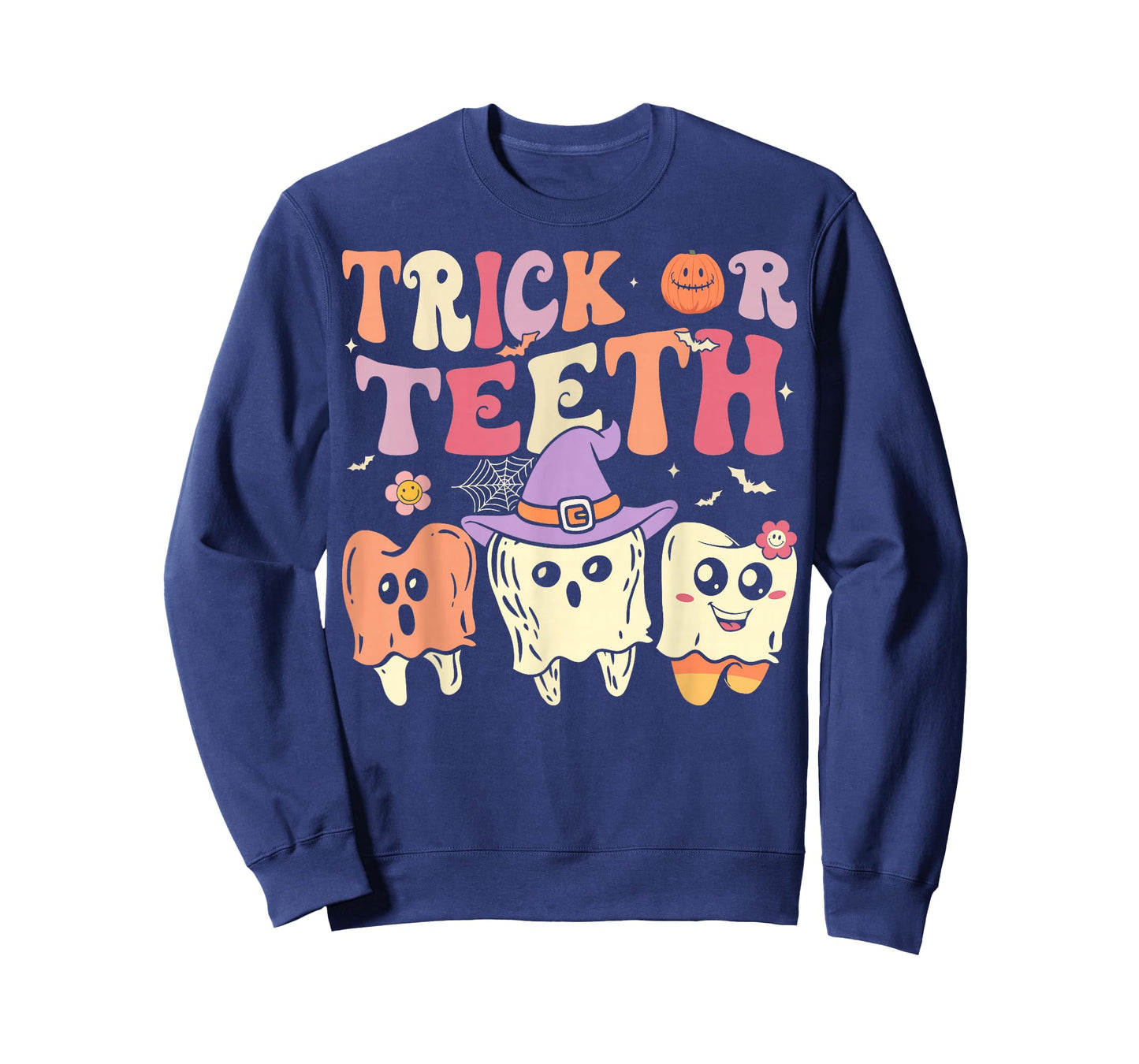 Groovy Dental Halloween Retro Trick or Teeth Floral Ghost T-Shirt