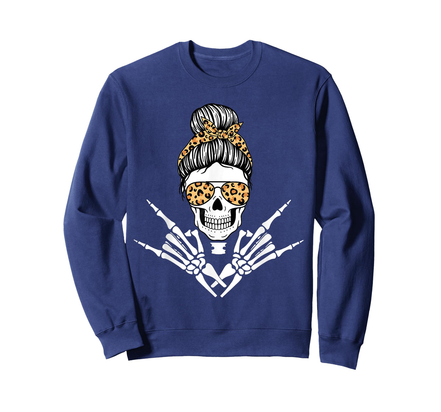 Rocker Skeleton Hand Rock On Leopard Messy Bun Halloween T-Shirt