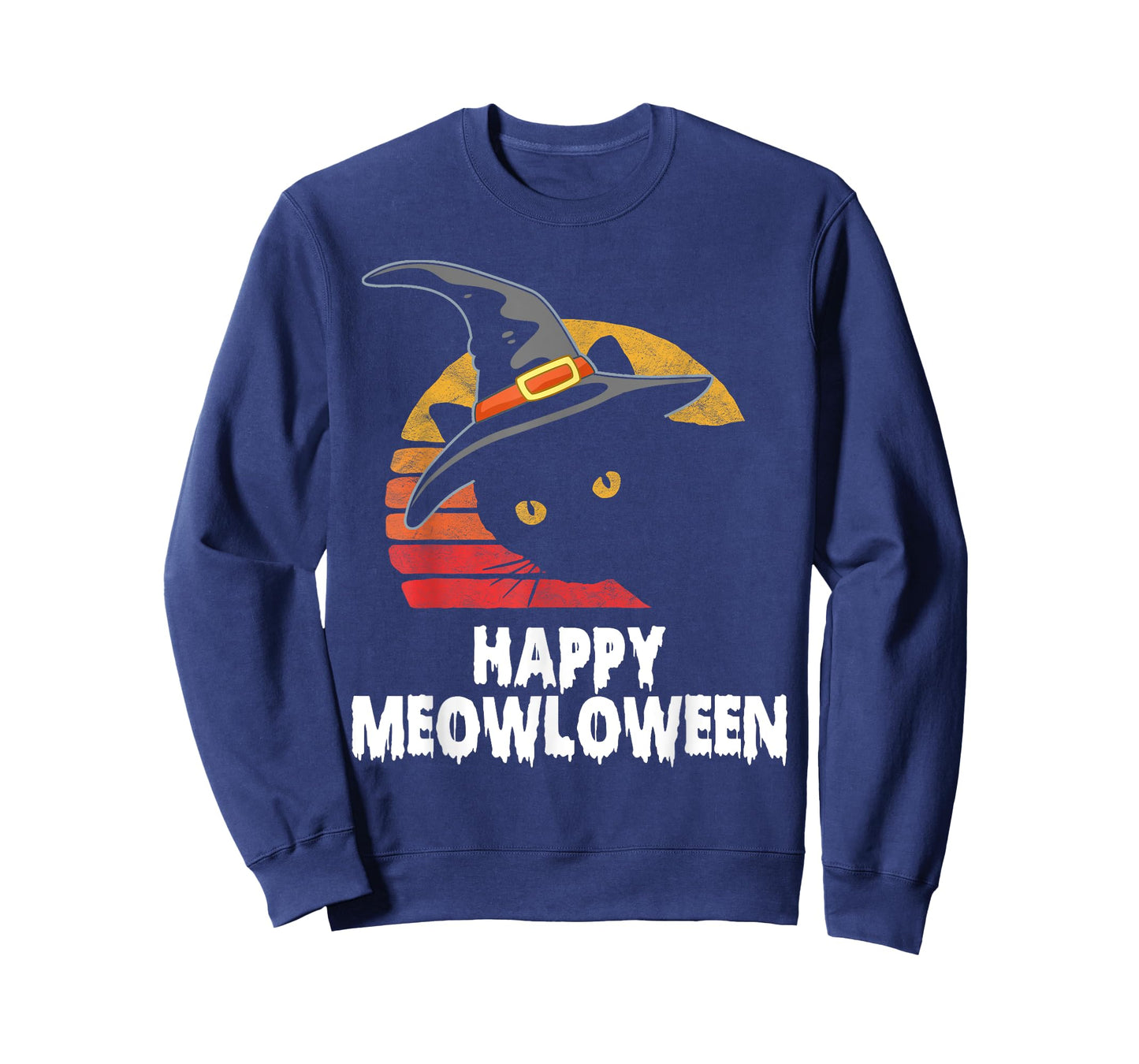 Happy Meowloween! Funny Cat Witch's Hat Halloween 80s Sunset T-Shirt