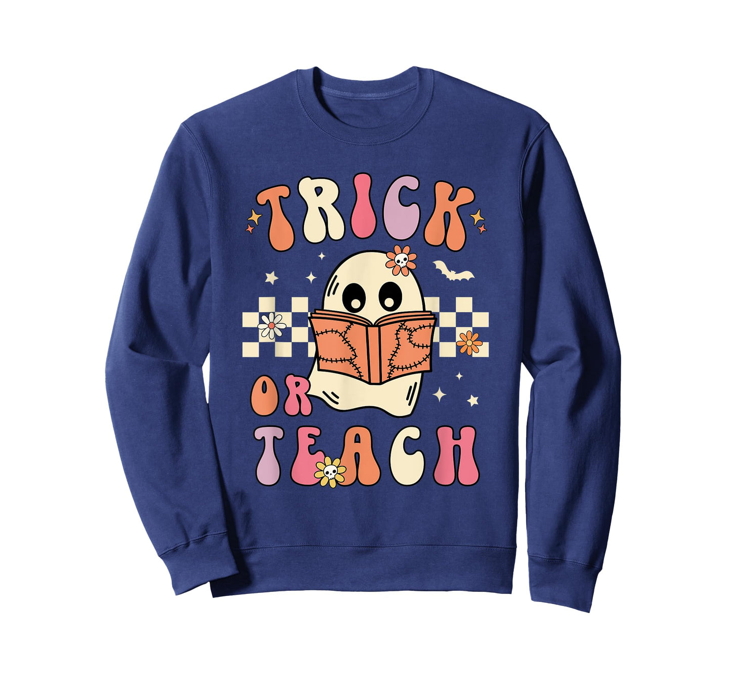 Groovy Halloween Trick or Teach Retro Floral Ghost Teacher Men Women T-Shirt