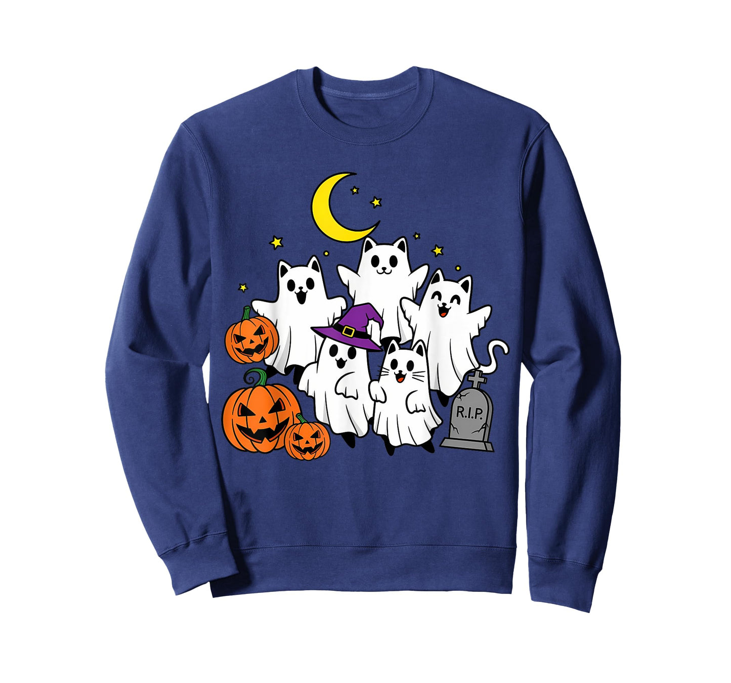 Cute Ghost Cats and Pumpkins Graveyard Fun Halloween Costume T-Shirt