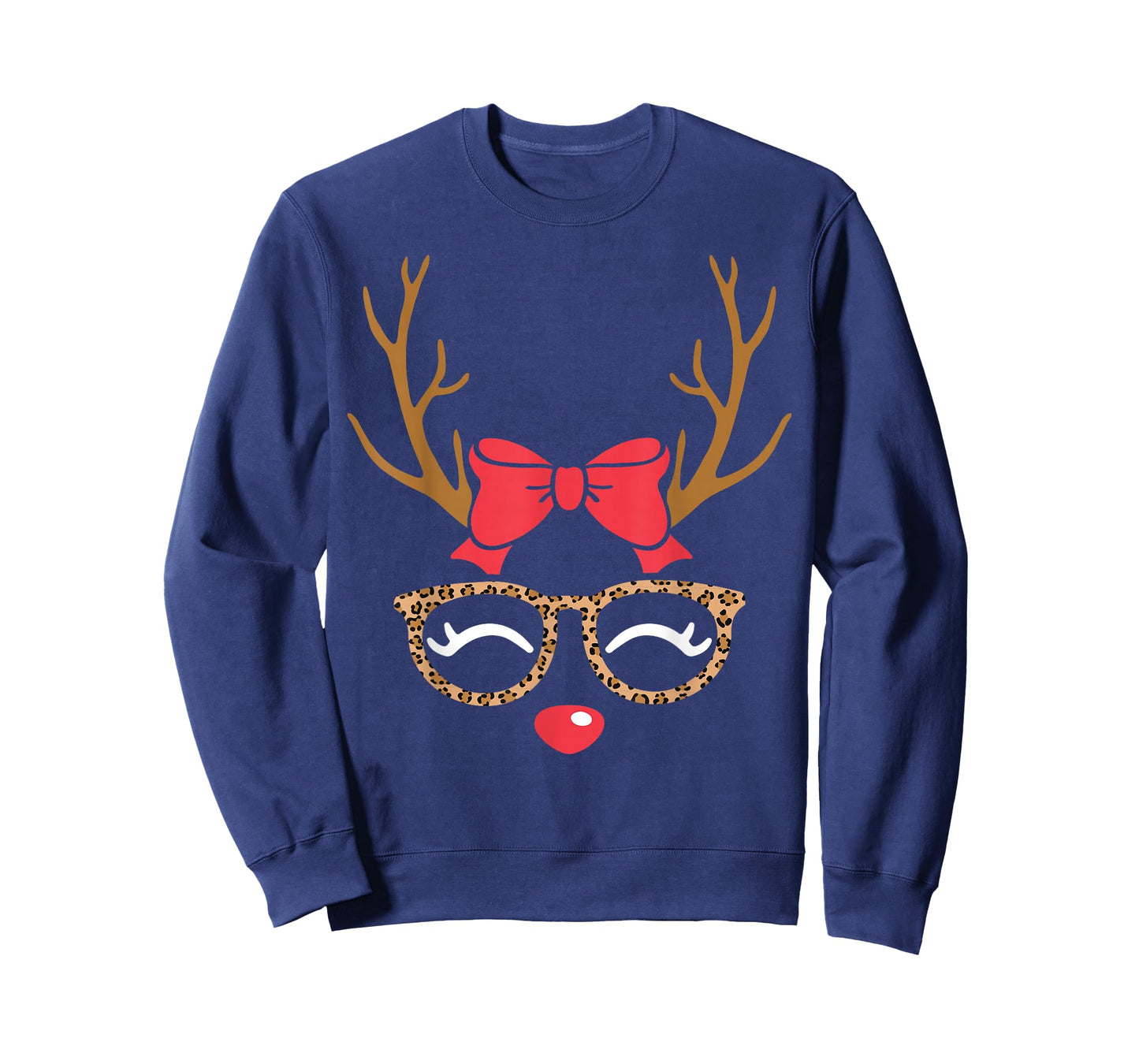 Reindeer Face Bow Leopard Glasses Christmas Womens Girls T-Shirt