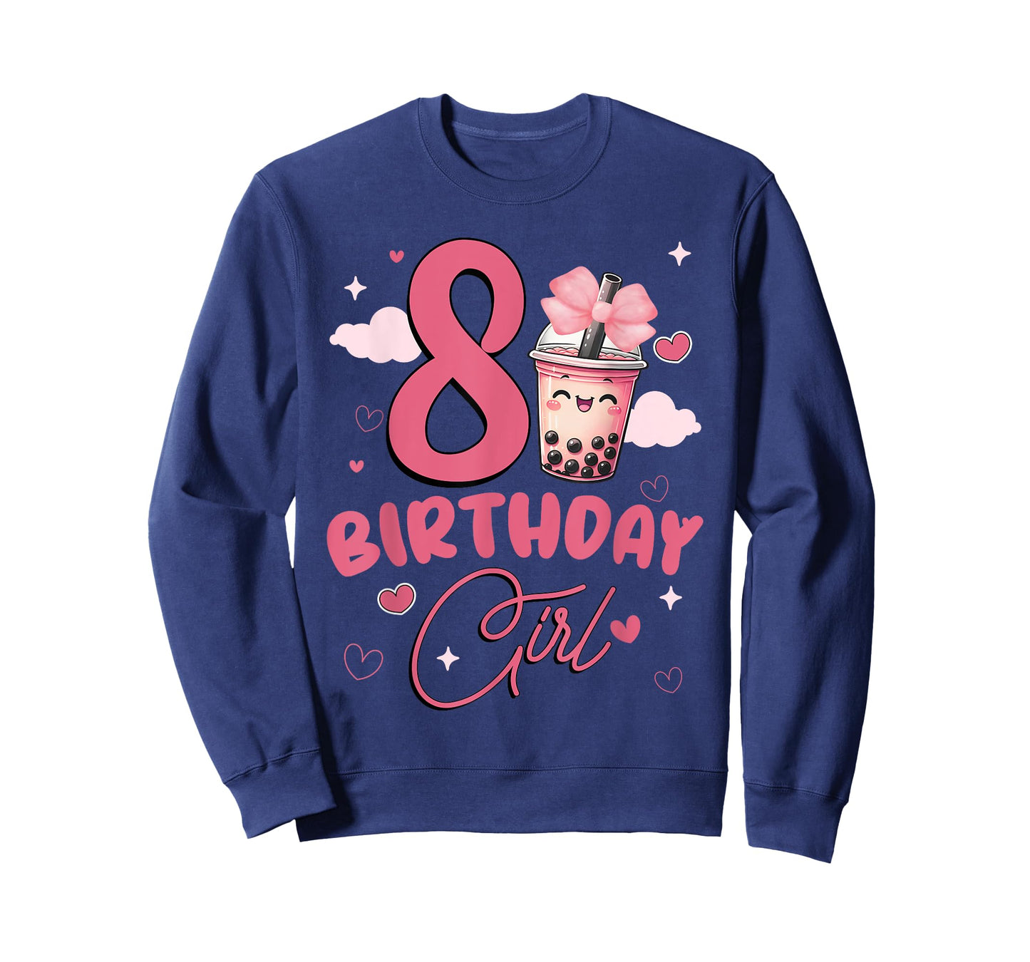 Happy 8th Birthday Girl Cute Pink Bow Bubble Boba Tea Anime T-Shirt