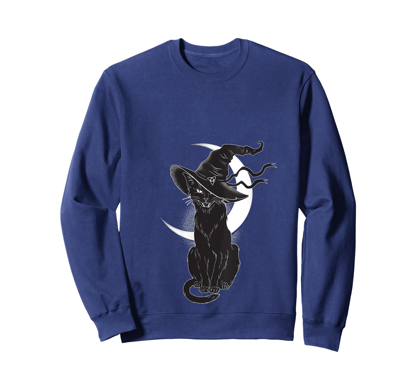 Womens Vintage Scary Halloween Black Cat Costume Witch Hat & Moon V-Neck T-Shirt