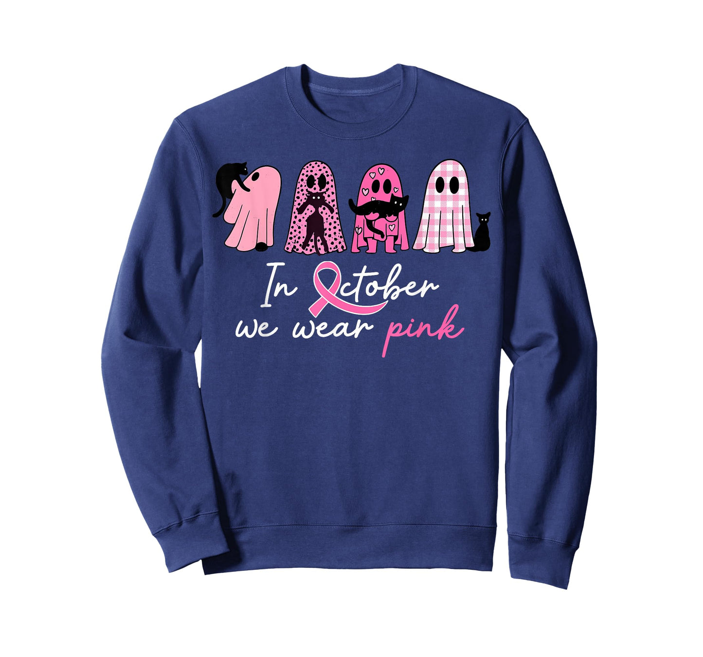 in October We Wear Pink Pumpkin Cat Breast Cancer Awareness T-Shirt
