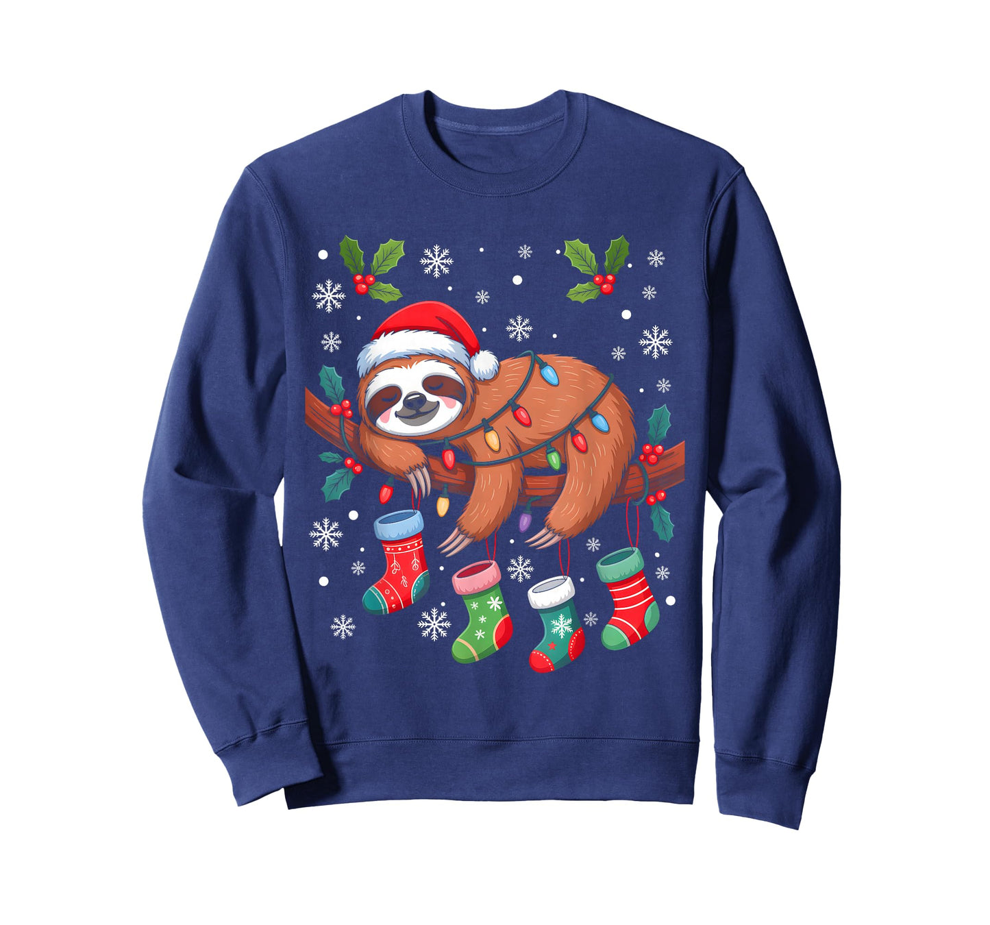 Funny Christmas Sloth Santa Hat Lights Family Xmas Pajamas T-Shirt