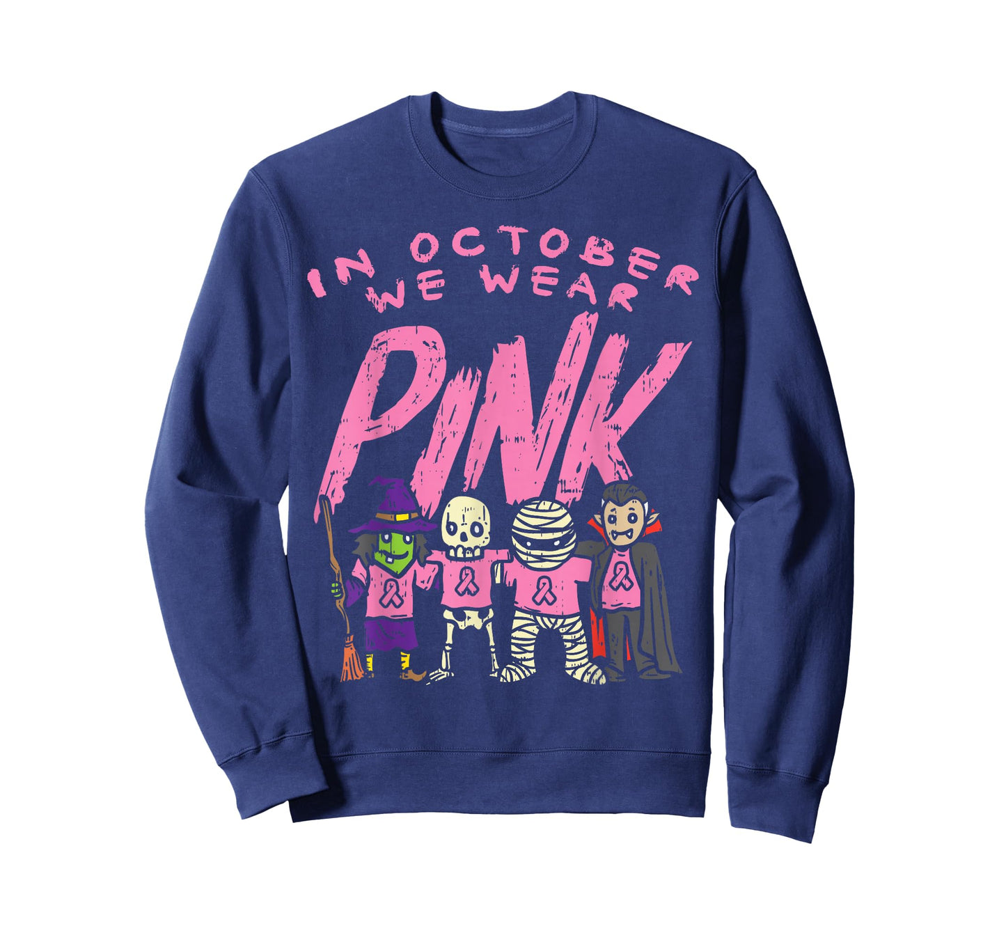 October We Wear Pink Witch Skeleton Halloween Breast Cancer T-Shirt