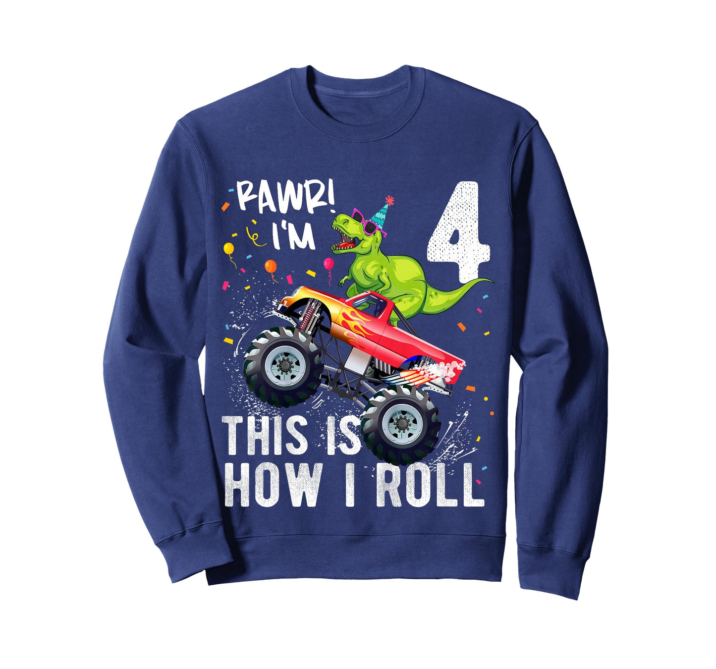 Kids T Rex Dinosaur Monster Truck 4th Birthday Boys and Girls T-Shirt