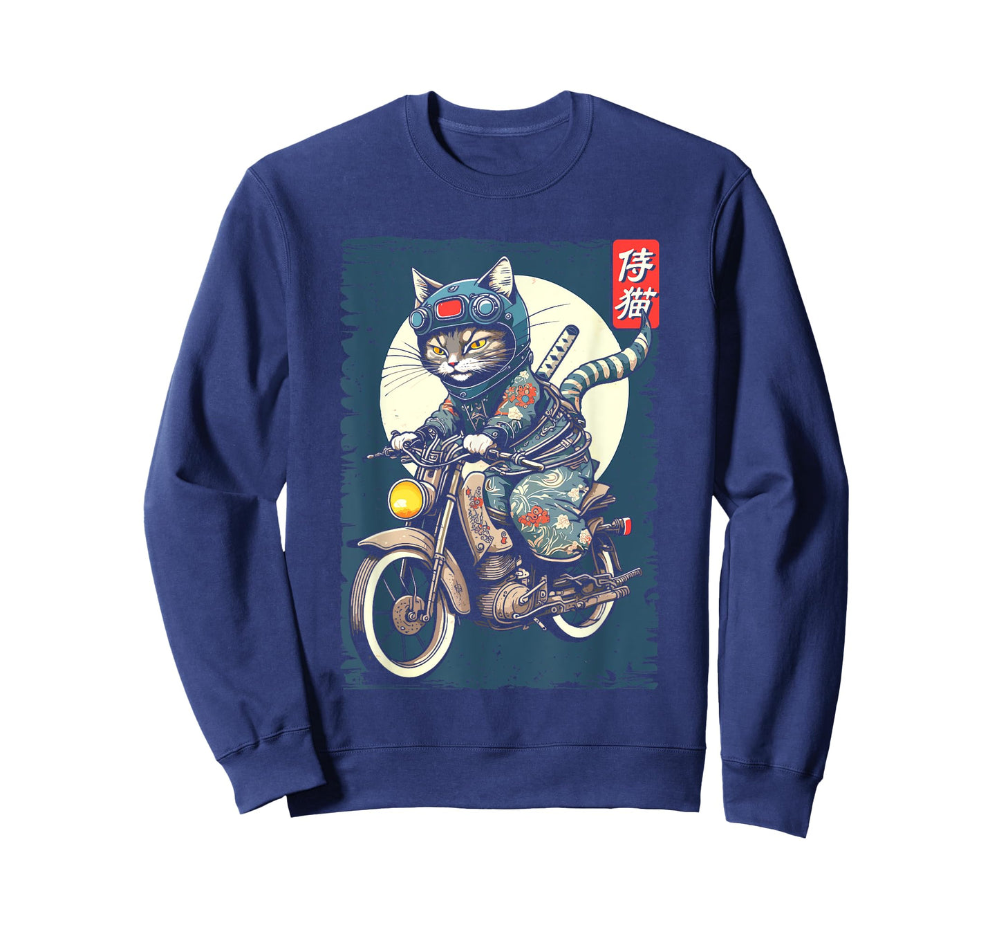 Japanese Samurai Cat on Motorcycle Kawaii Ninja Cat T-Shirt for Men Women Kids