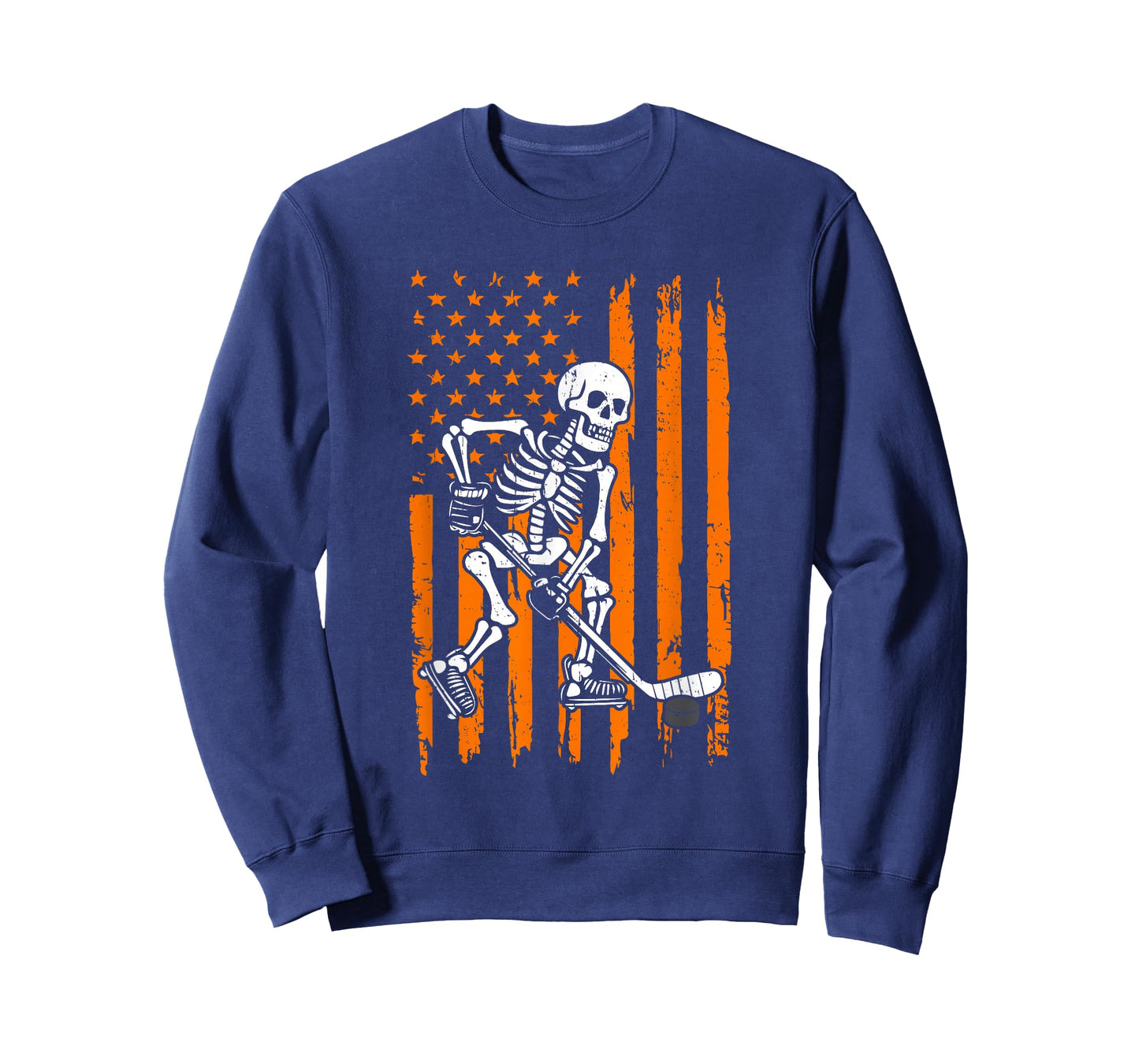 Retro Skeleton Playing Hockey USA Flag Halloween Boys Kids T-Shirt