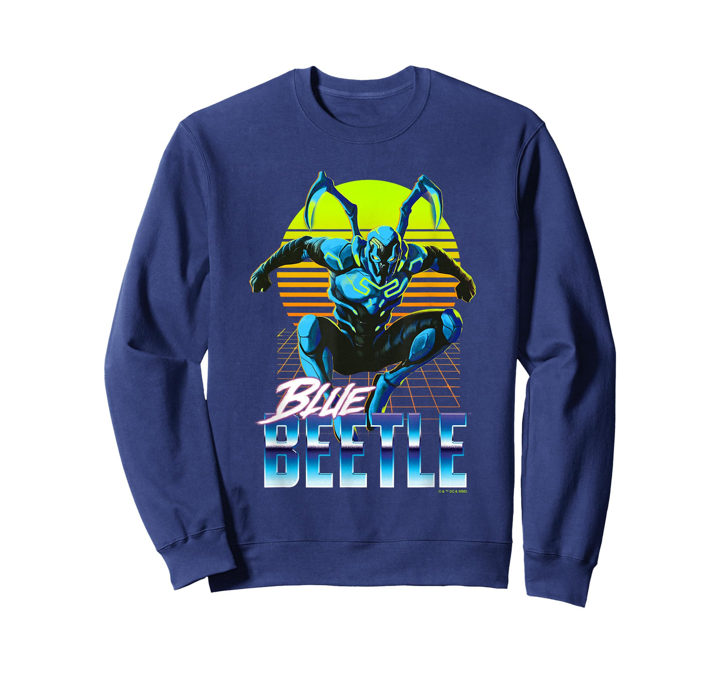 Blue Beetle Jumping Into Action Neon Gridline Background T-Shirt