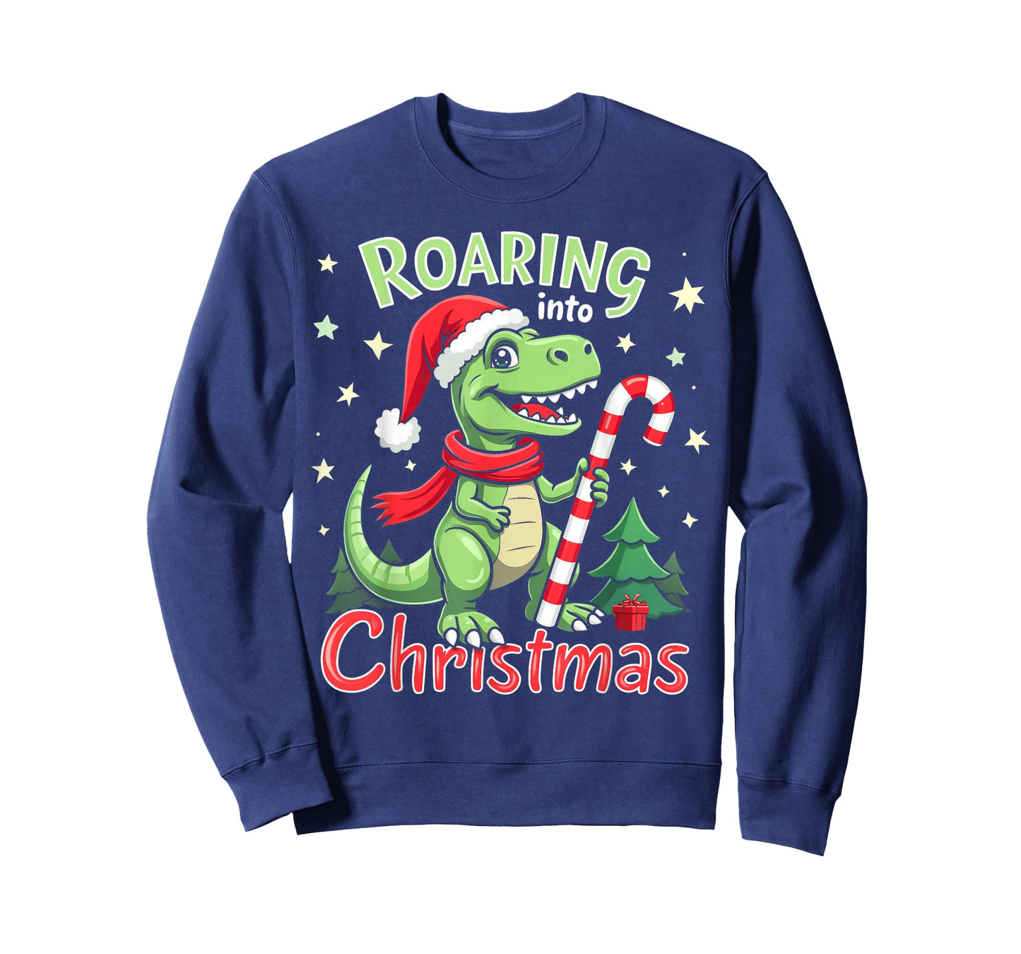 Roaring into Christmas T-Rex Santa Hat & Candy Cane Holiday T-Shirt