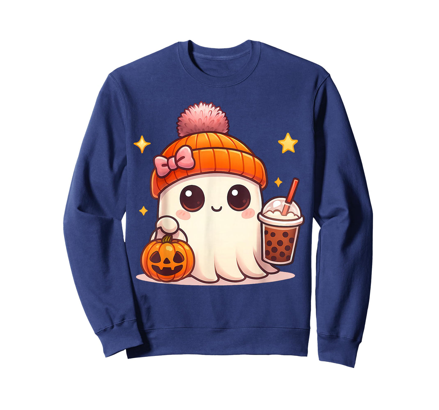 Kawaii Ghost Drinking Pumpkin Boba Tea Cute Ghost Halloween T-Shirt