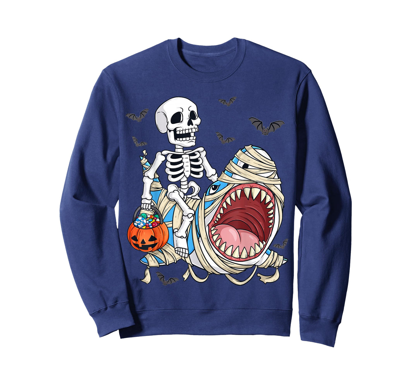 Skeleton Riding Mummy Shark Funny Halloween Pumpkin Kids T-Shirt