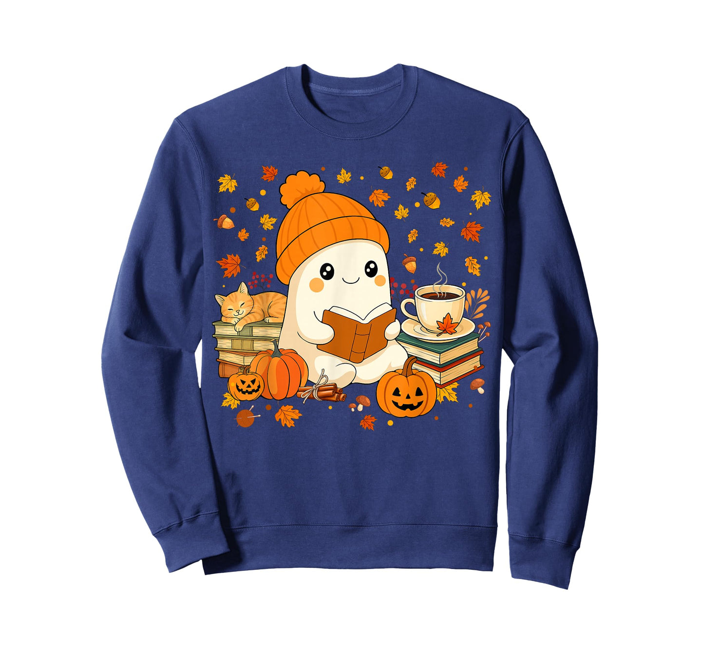 Ghost Reading Book Pumpkin Coffee Autumn Leaves Thanksgiving T-Shirt