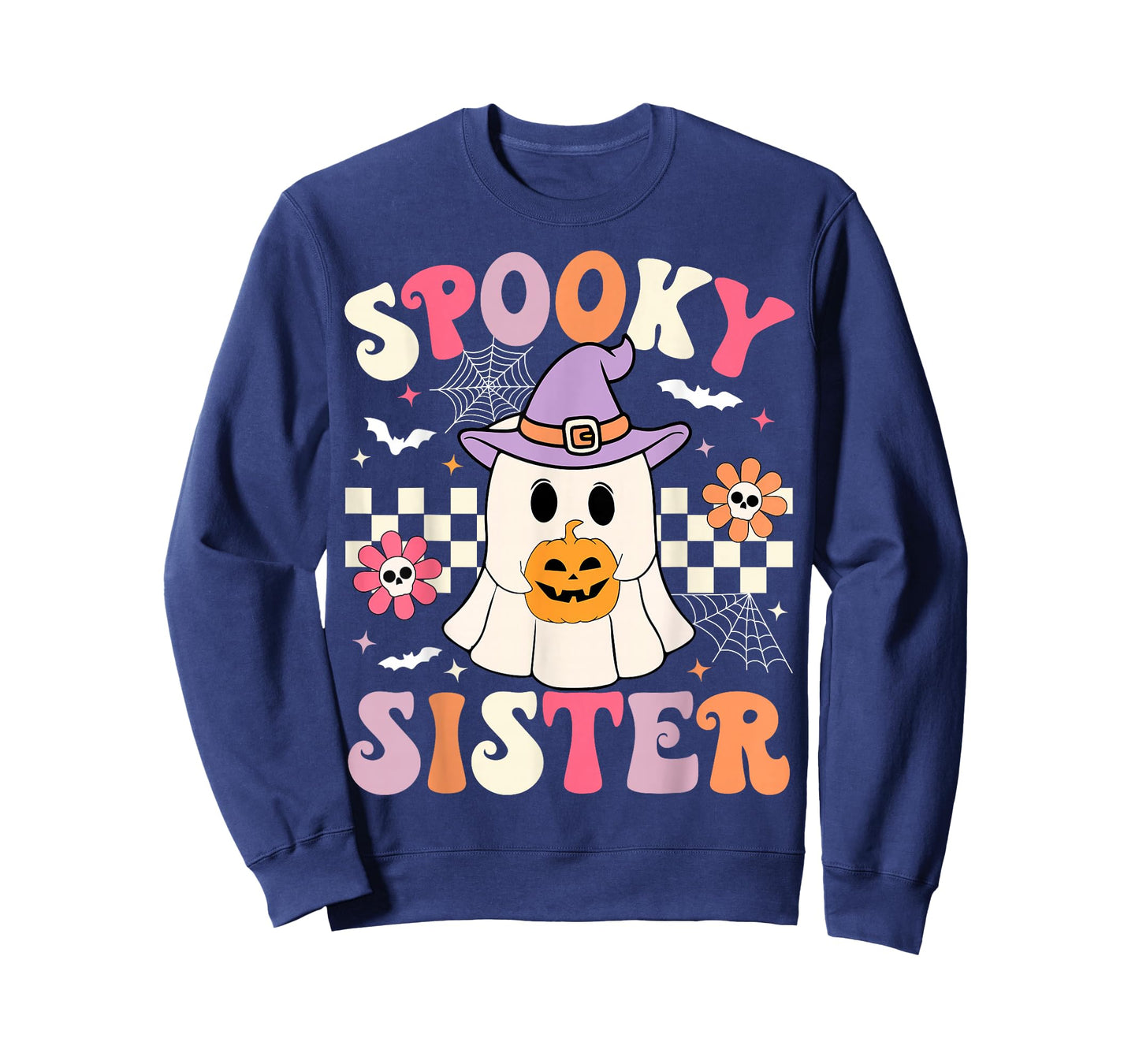 Groovy Spooky Sister Retro Ghost Holding Pumpkin Halloween T-Shirt
