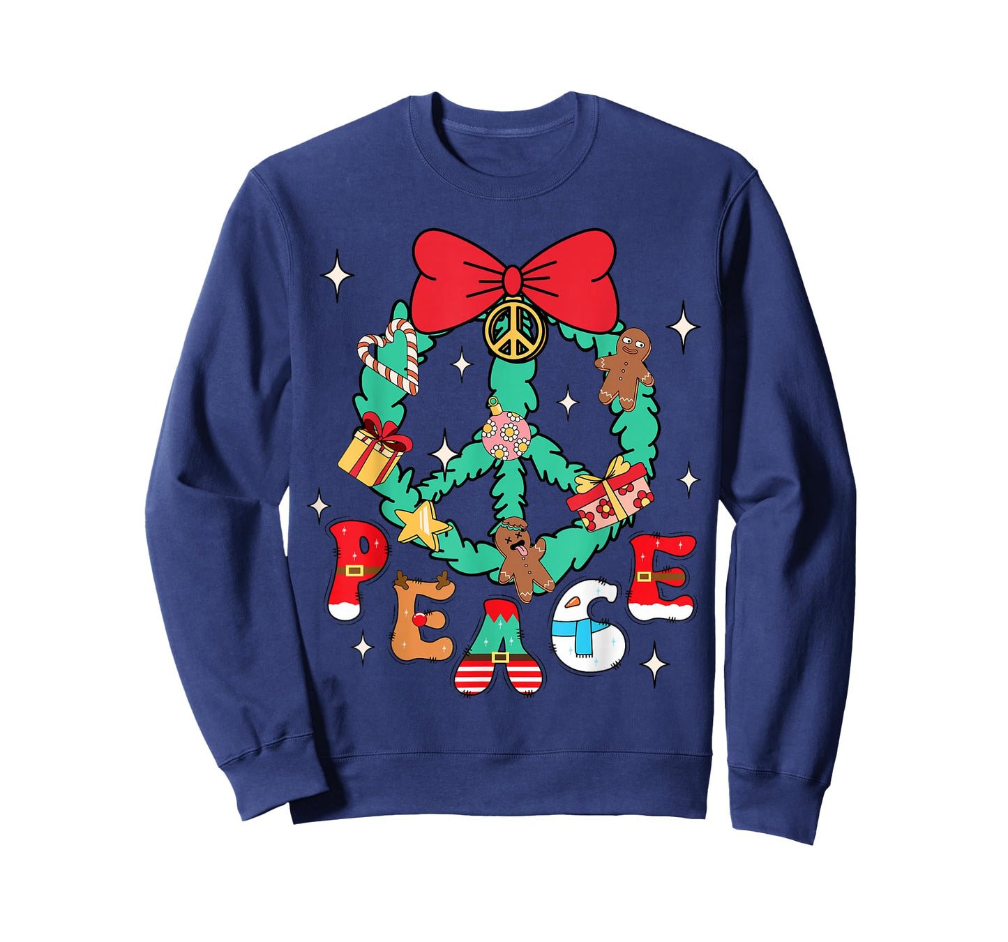 Christmas Peace Wreath Candy Canes Bows Gingerbread Reindeer T-Shirt