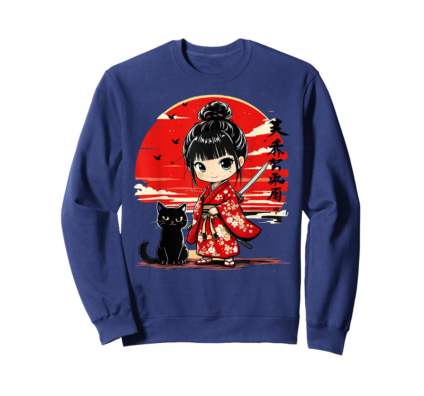 Cute Kawaii Samurai Girl and Cat Japanese Anime Kids Girls T-Shirt