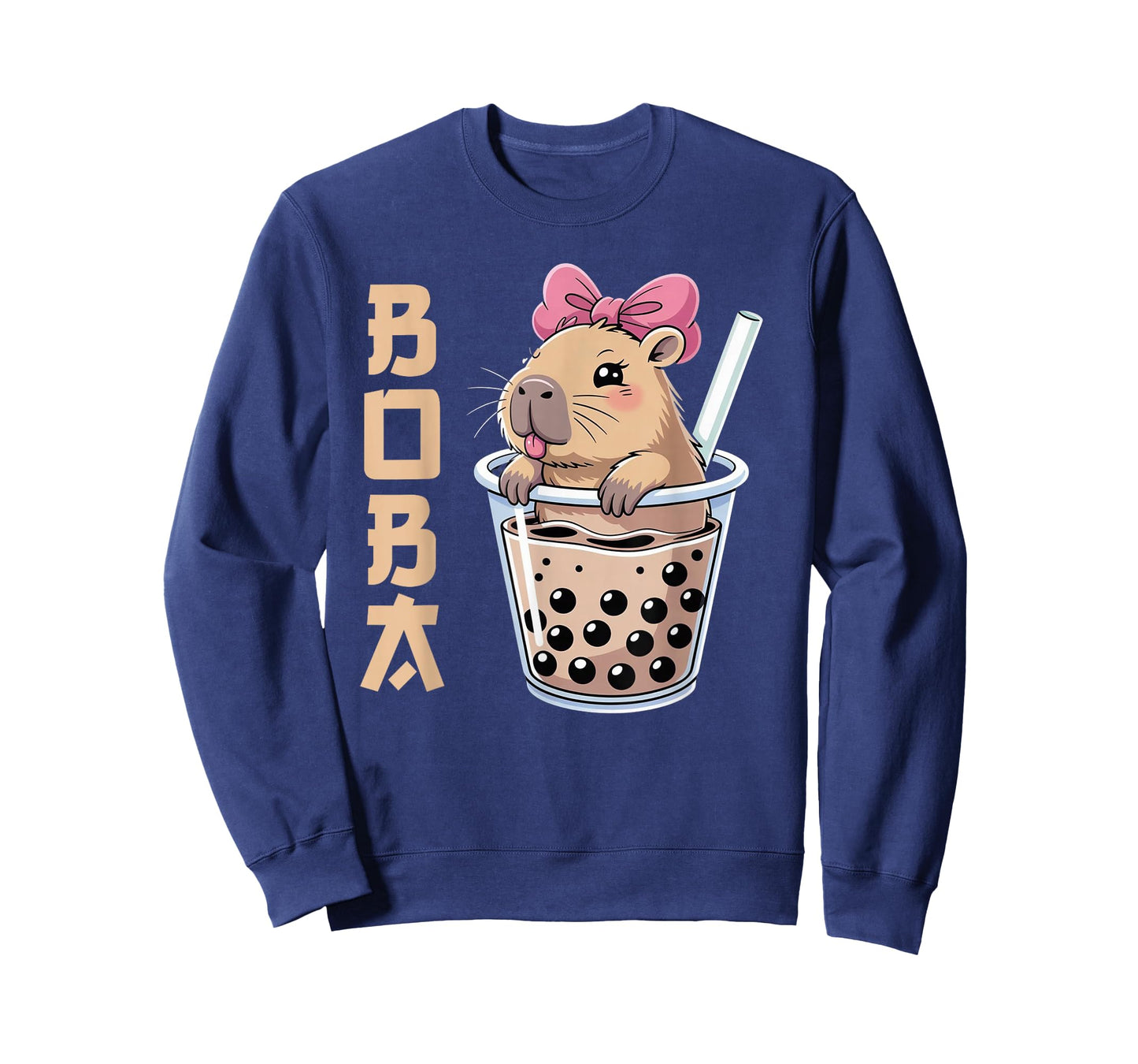 Kawaii Anime Capybara Drinking Boba Tea Pink Coquette Bow T-Shirt