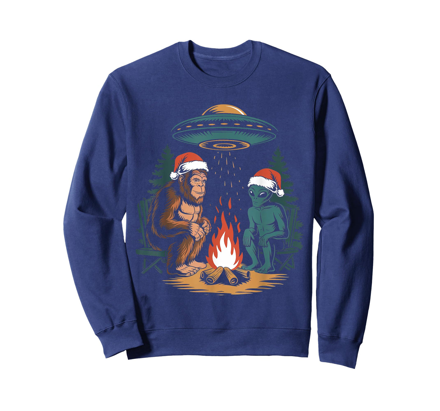 Funny Bigfoot Alien UFO Santa Hat Campfire Outdoor Christmas T-Shirt