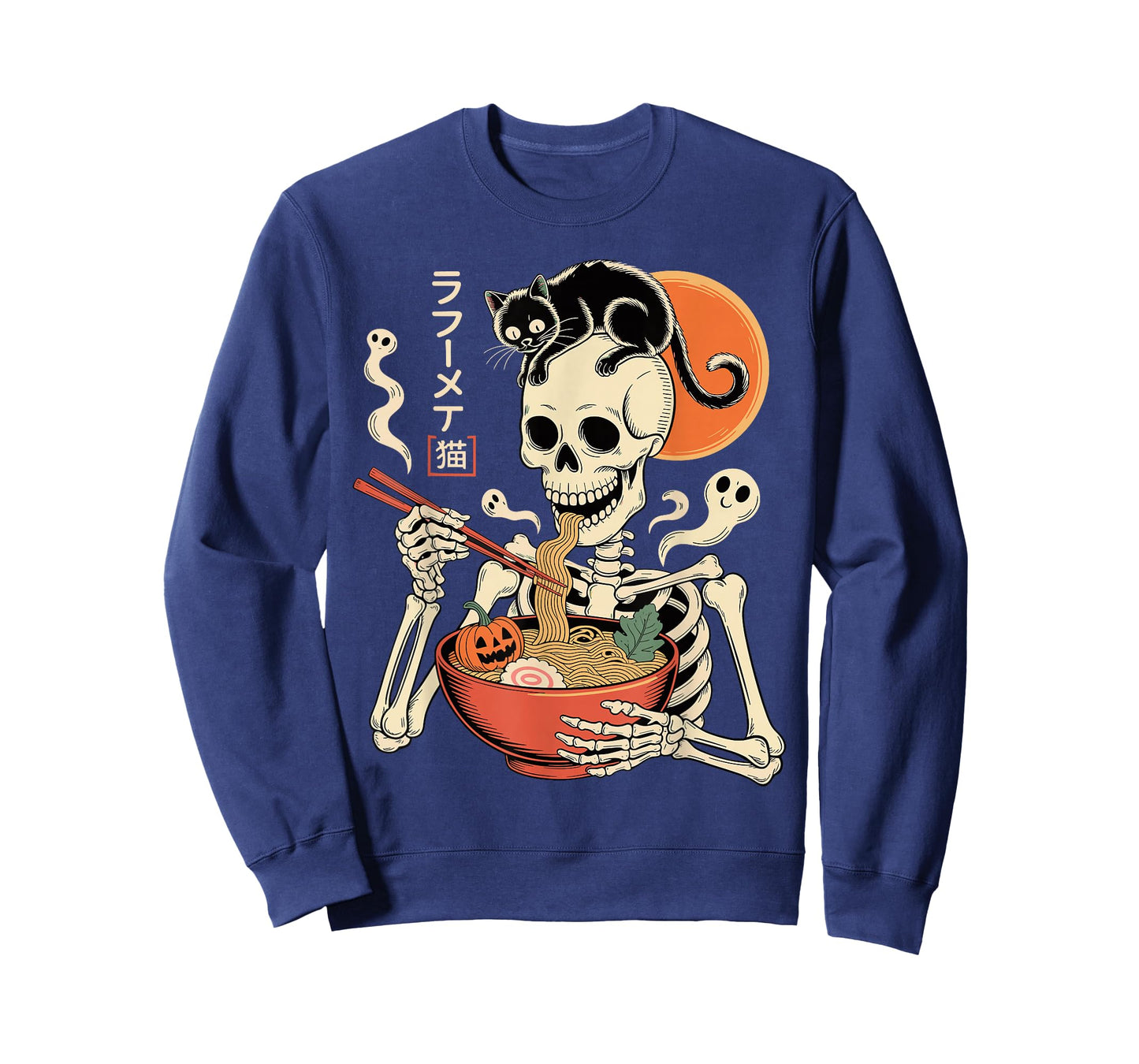 Spooky Skeleton Eating Ramen Bowl with Cat Halloween Art T-Shirt