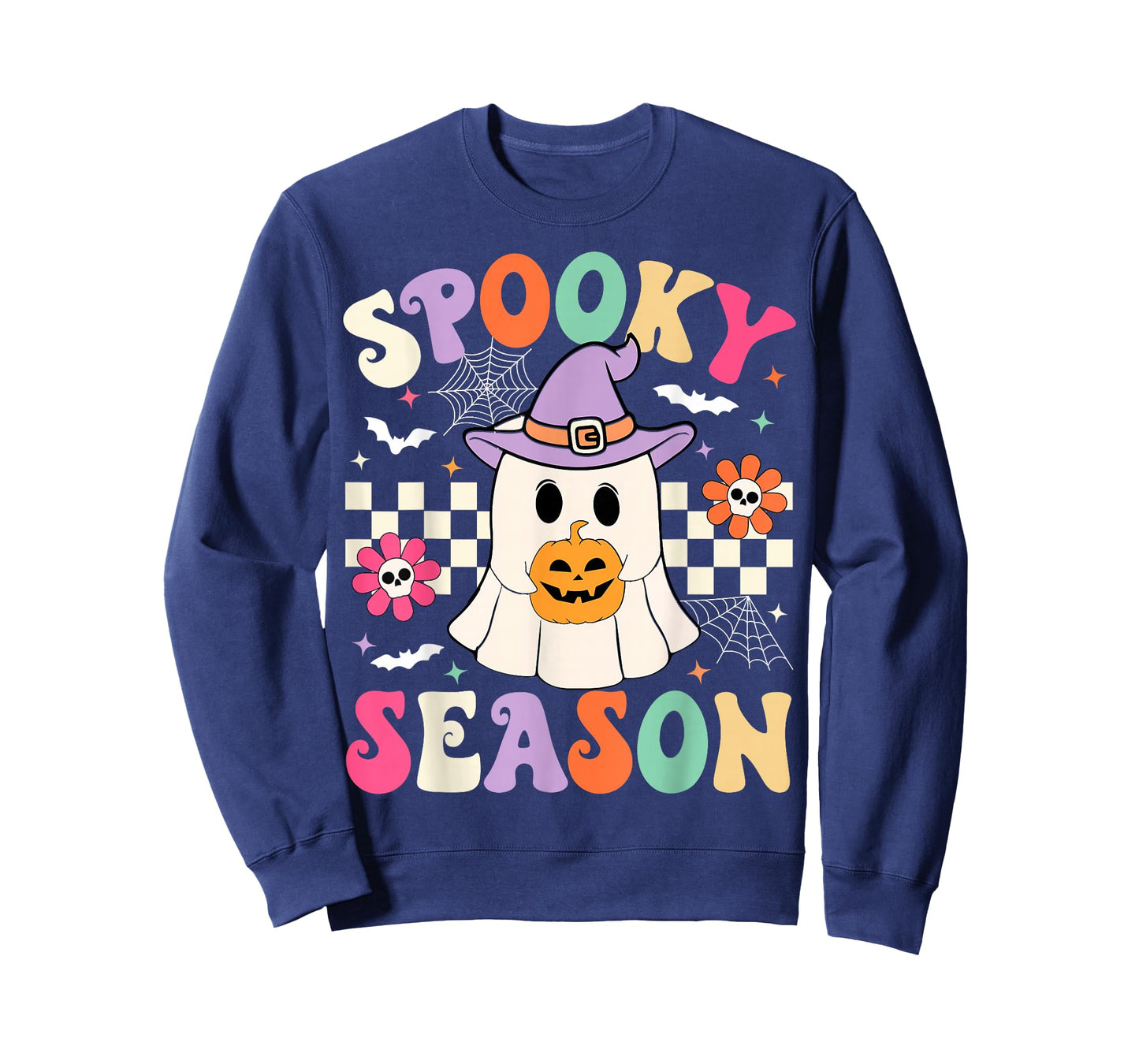 Groovy Spooky Season Retro Ghost Holding Pumpkin Halloween T-Shirt
