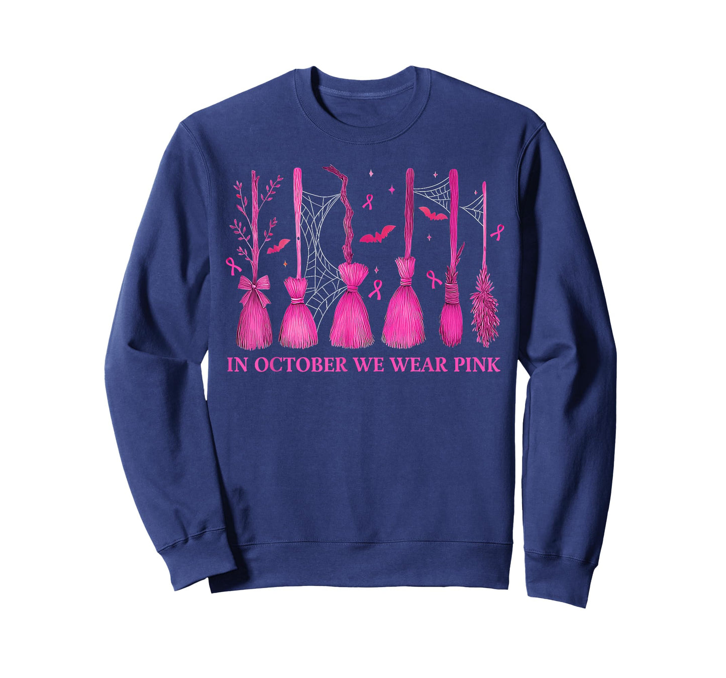 in October We Wear Pink Witch Broom Breast Cancer Halloween T-Shirt