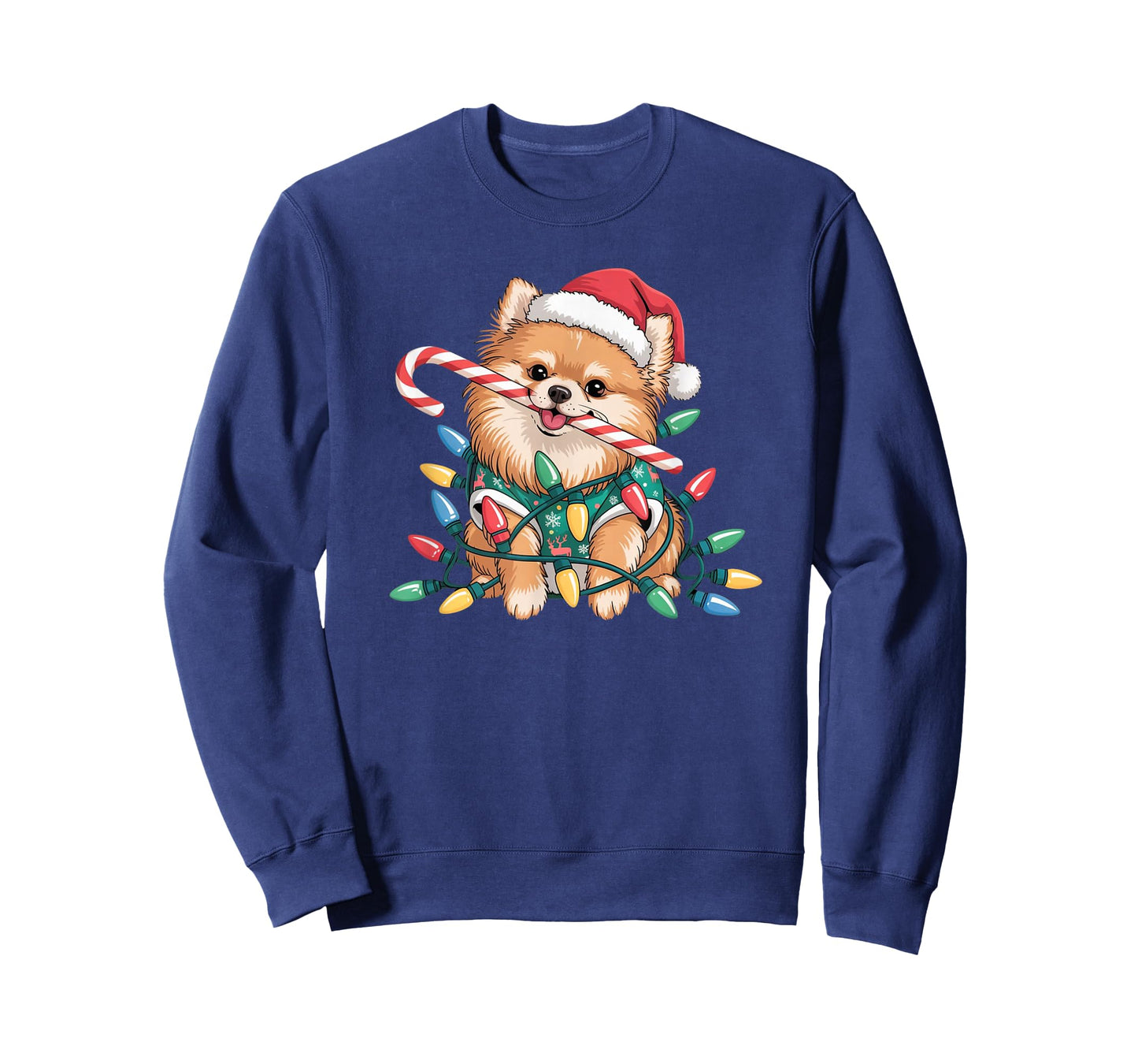 Cute Pomeranian Christmas Puppy Lights Santa Hat Candy Cane T-Shirt
