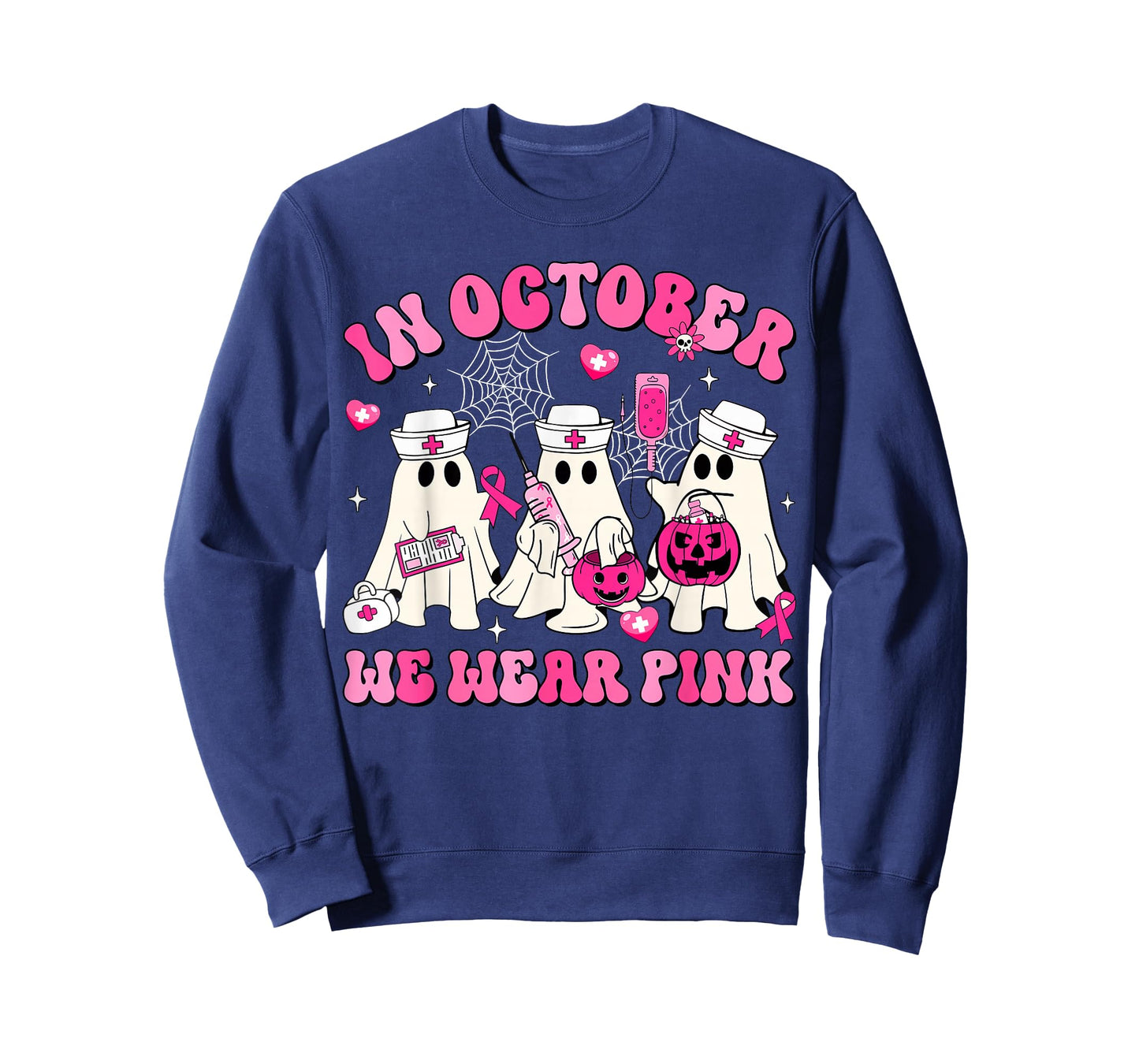 October We Wear Pink Nurse Ghost Halloween Breast Cancer T-Shirt