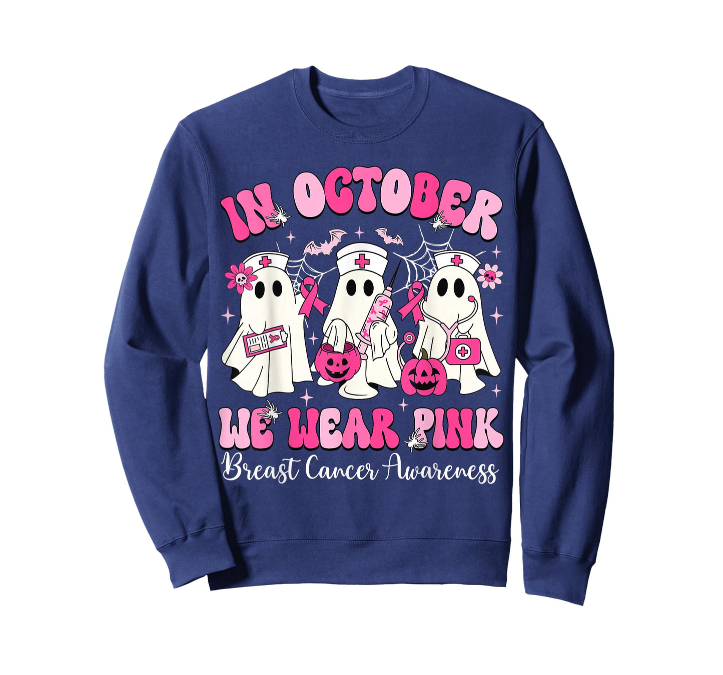 In October We Wear Pink Nurse Ghost Halloween Breast Cancer T-Shirt