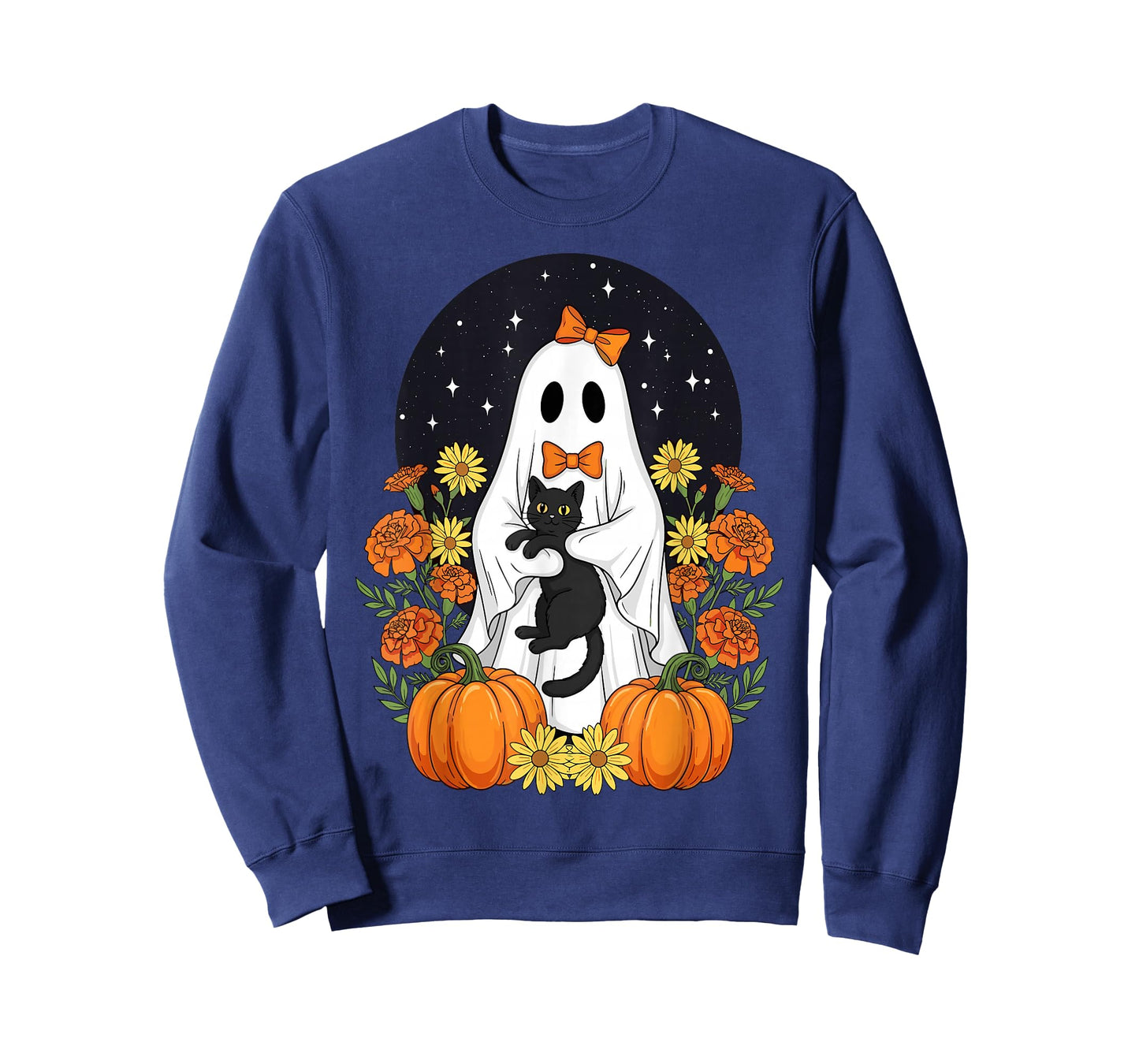 Vintage Halloween Ghost Holding Black Cat Groovy Floral T-Shirt