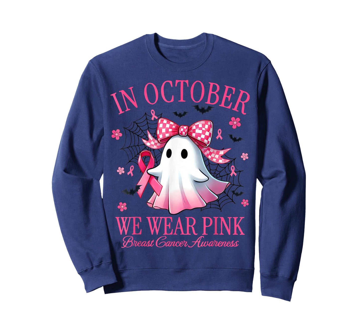 in October We Wear Pink Ghost Witch Breast Cancer Awareness T-Shirt